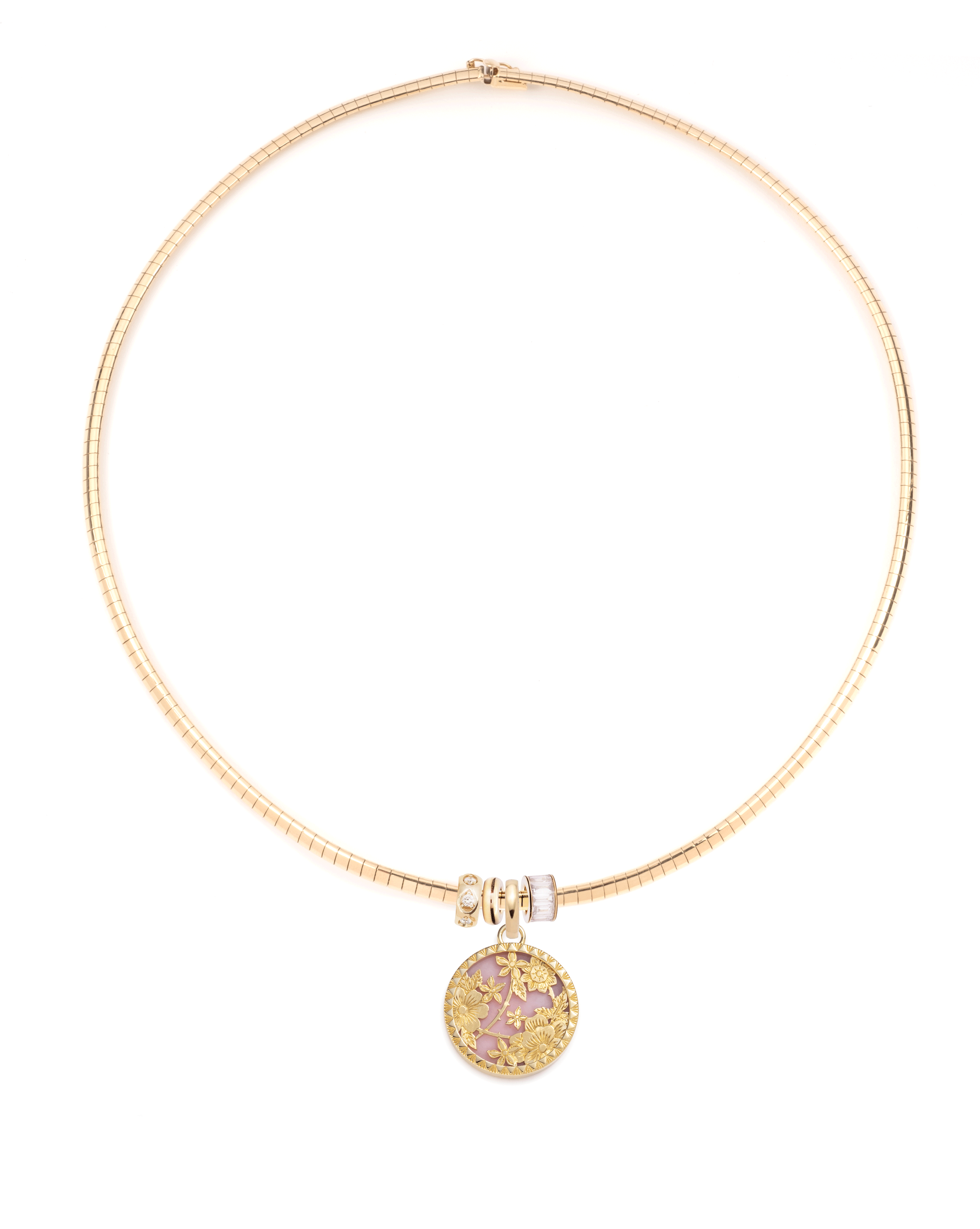 Elegant Floral Screen Resilience & Heart Beats Necklace - Yellow Gold & Pink Opal with Diamonds | Perfect for Weddings, Anniversaries & Special Occasions