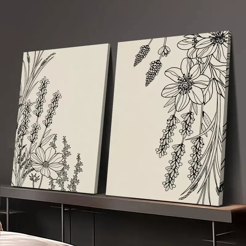 2pcs Abstract Line Plant & Flower Canvas Wall Art - Minimalist Framed Print 50x75cm (20x30in) | High Quality Australian Made | Ready to Hang | Perfect for Living Room, Bedroom & Office Decor