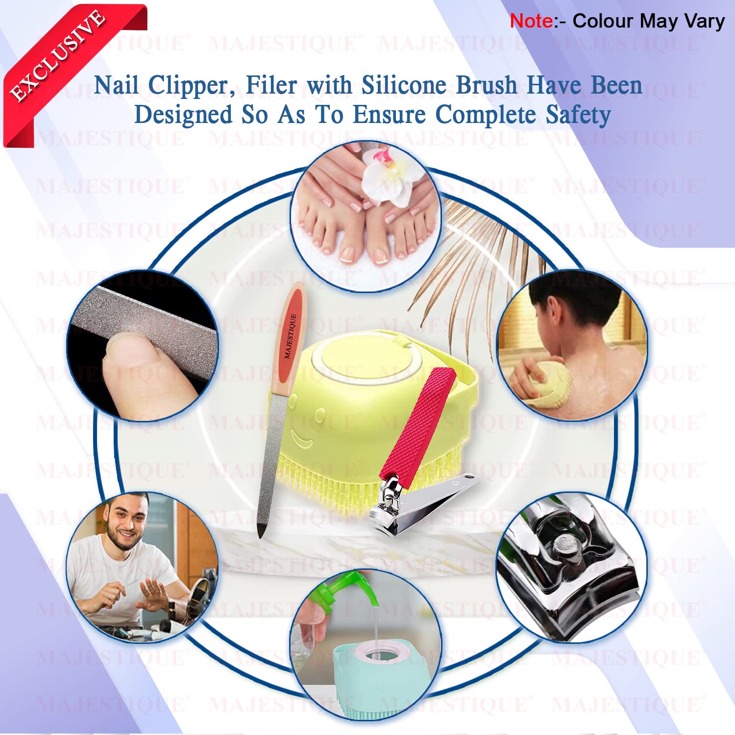 Majestique Nail Clipper & Filer Set with Soft Silicone Brush - Professional Nail Care Kit for Deep Cleaning, Cuticle Care & Relaxation - Home Spa Manicure Pedicure Essentials (Pack of 3) - Perfect for DIY Nail Care, Travel & Gift Giving