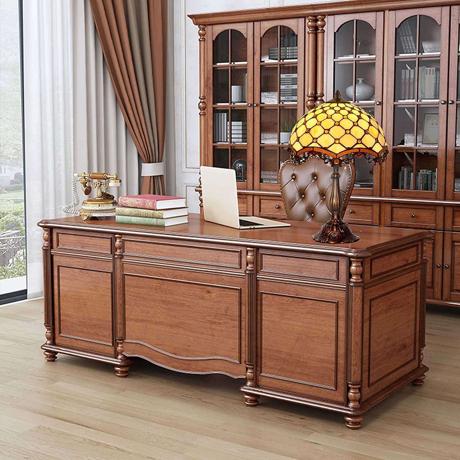**Tiffany Style Stained Glass Table Lamp - Handmade Yellow Crystal Bead Desk & Bedside Night Light - Antique Art Craft Gift for Home, Living Room, Bedroom, Office (Perfect for Reading, Decor & Cozy Ambiance)**