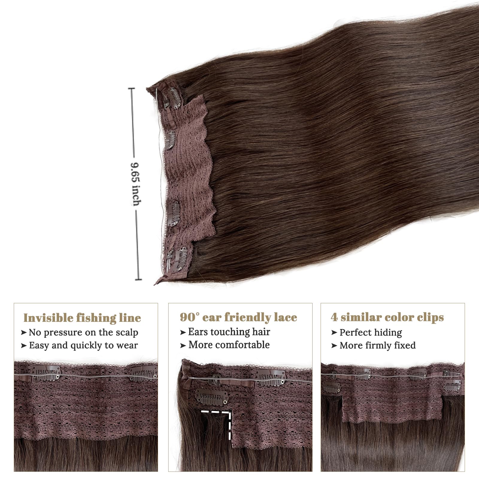 Premium 22 Inch Dark Brown Human Hair Extensions with Invisible Wire - 100g Real Human Hair Halo for Women | Perfect for Parties, Weddings & Everyday Styling
