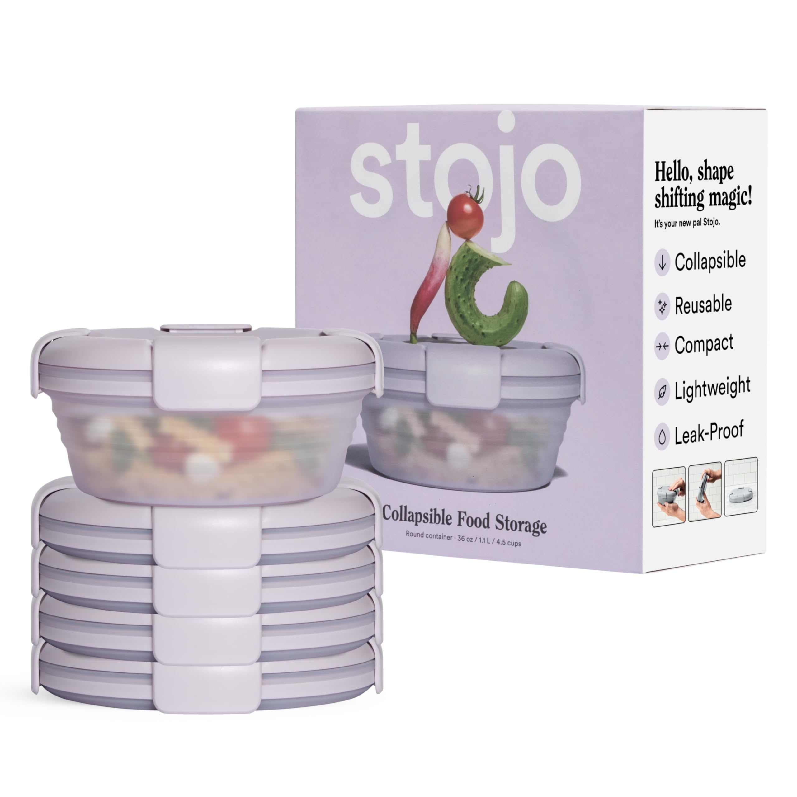 STOJO Collapsible Bowl 5-Piece Set - 36oz Reusable Silicone Food Container for Hot & Cold Meals - Microwave & Dishwasher Safe - Translucent Lilac - Ideal for Travel, Camping, Hiking, Office Lunch & Meal Prep - Compact Storage Solution for On-the-Go Lifestyles