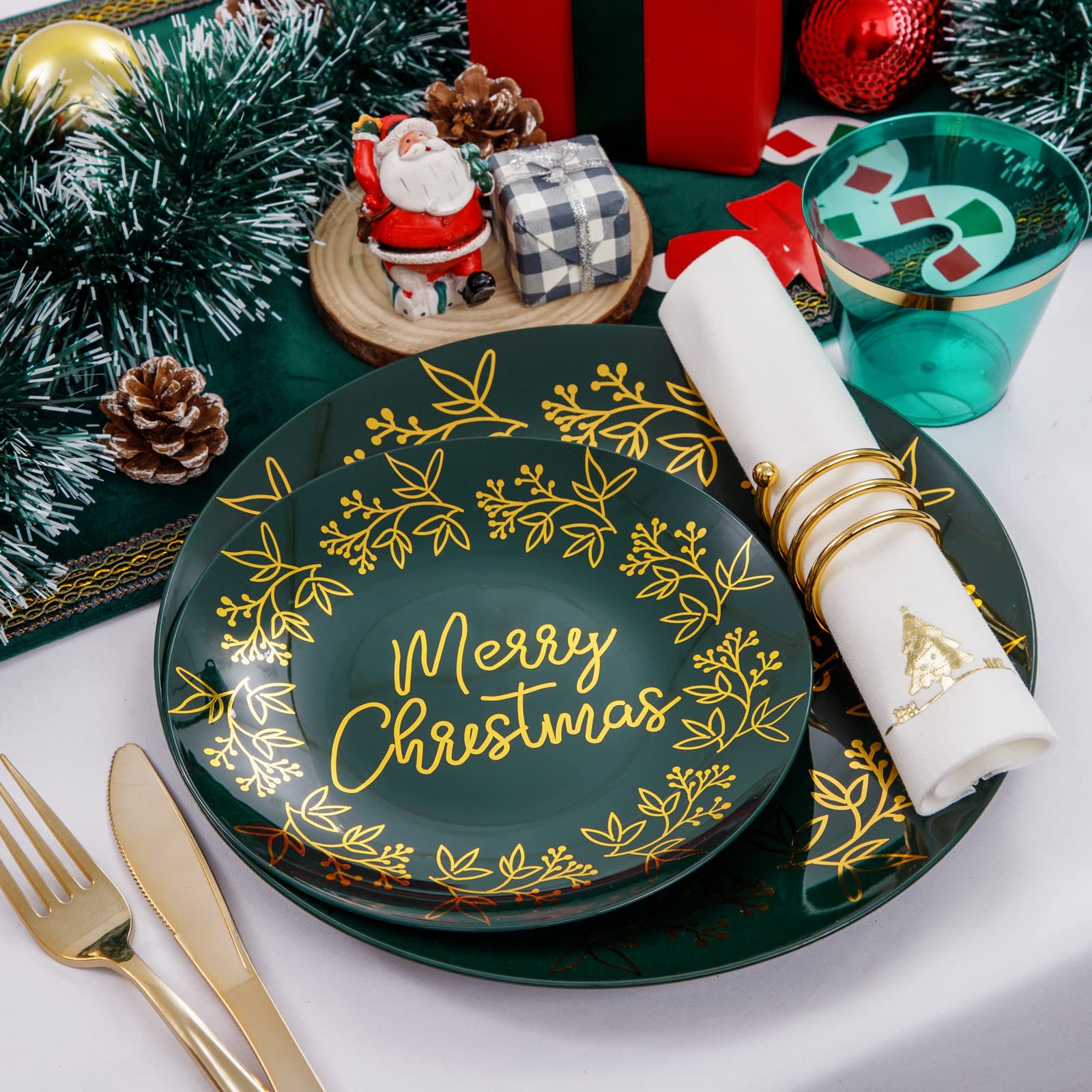Morejoy 175-Piece Green and Gold Christmas Plastic Dinnerware Set - Plates, Cutlery, Cups & Napkins for Holiday Parties, Family Gatherings & Festive Celebrations