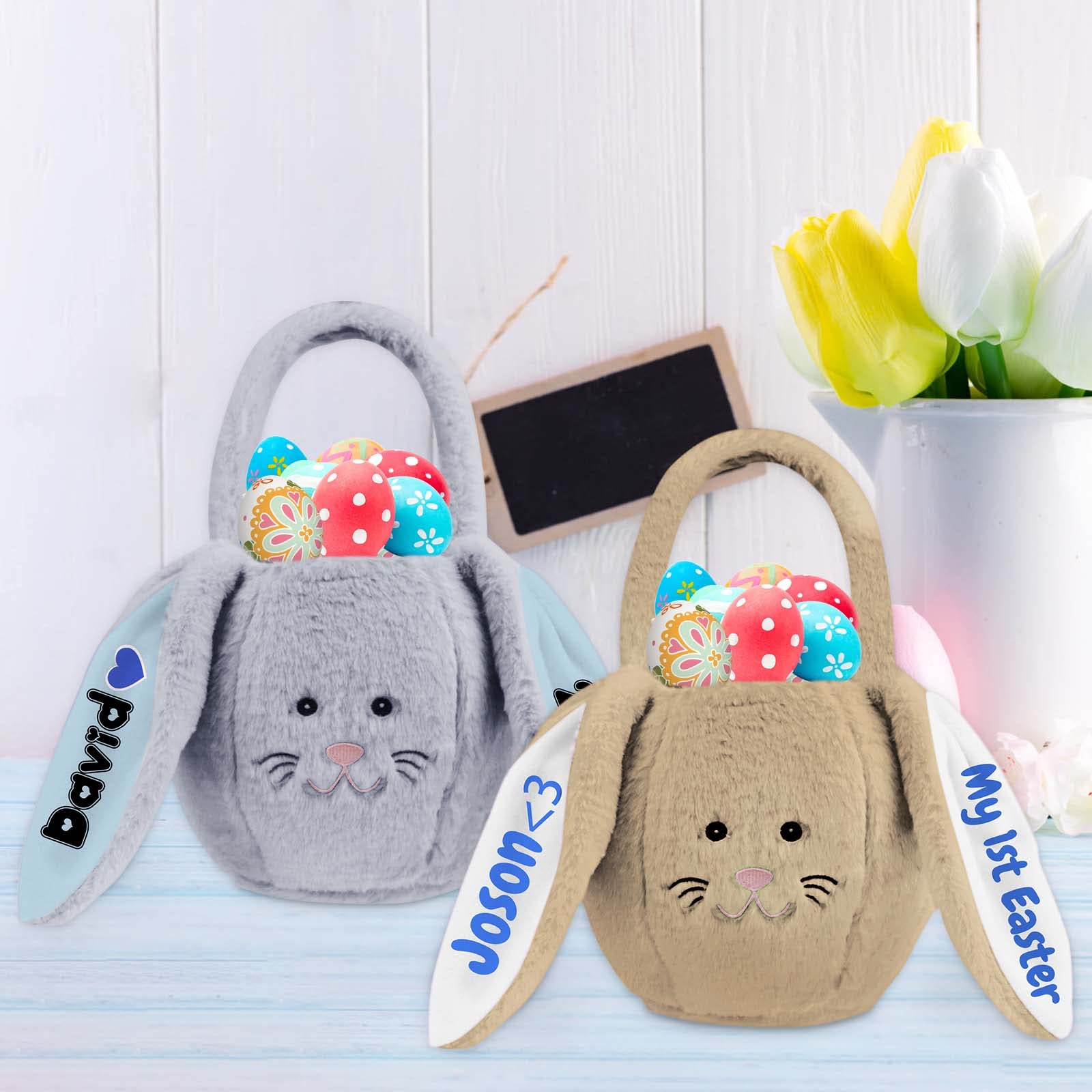 Personalized Bunny Easter Basket with Name - Custom Plush Easter Gift Basket with Handle for Kids, Girls, Baby & Toddler - Fluffy Pink Egg Bag for Easter Egg Hunt, Party Favors & Spring Celebrations