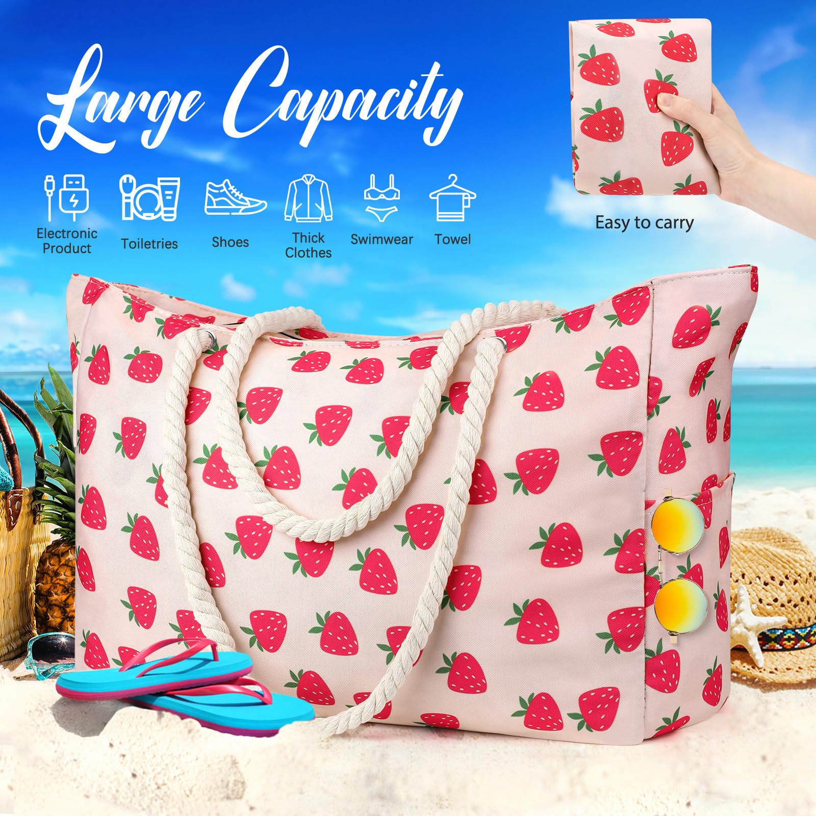 KPX Large Waterproof Beach Bag with Zipper - Oversized Swim Tote for Women, Gym Bag for Travel, Pool & Beach Essentials - Perfect for Vacation, Yoga & Summer Outings