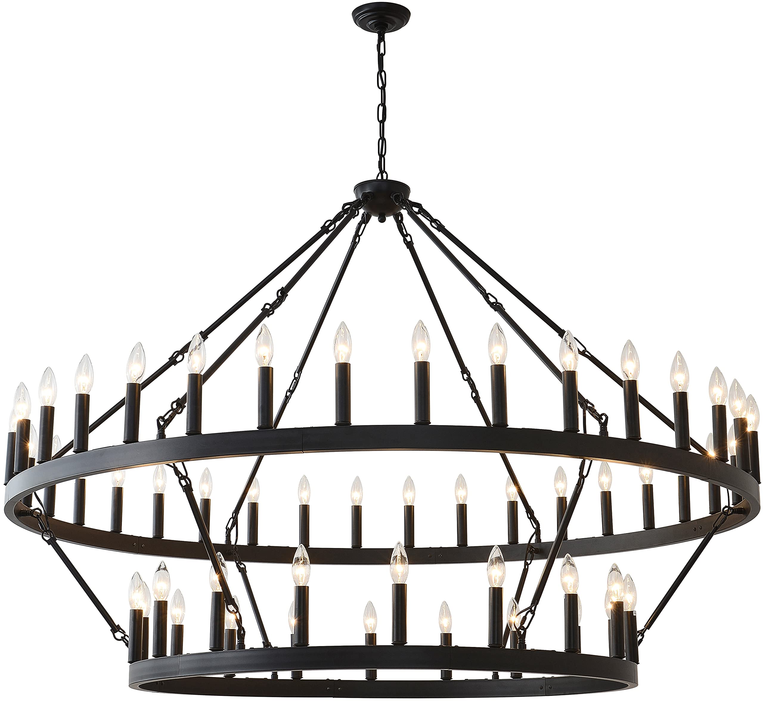 60 Inch Large Black Wagon Wheel Chandelier - 2 Tier 54-Lights Farmhouse Industrial Rustic Pendant Light Fixture for Dining Room, Kitchen, Living Room & Bedroom | Perfect for Country Style Home Decor & Cabin Lighting