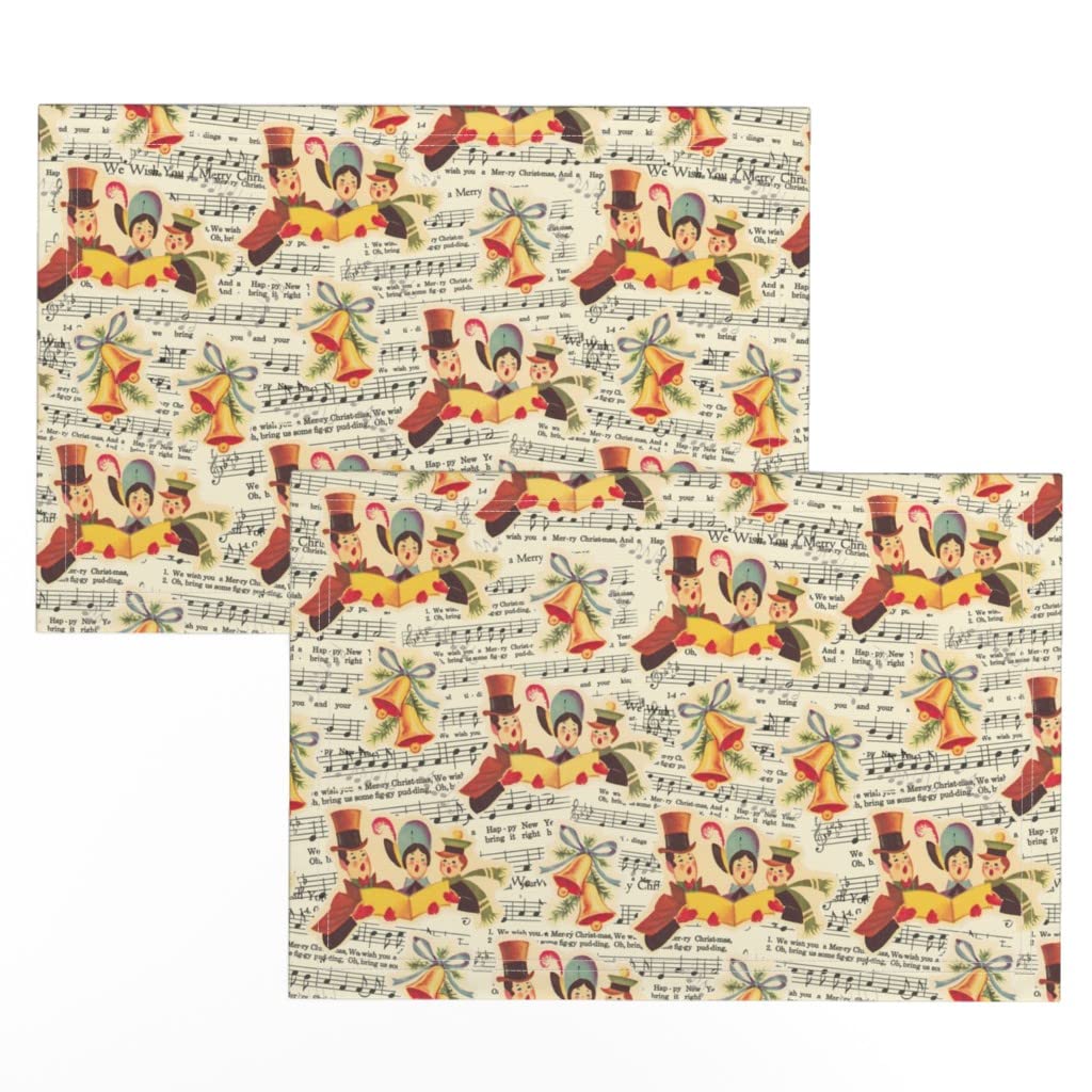 Linen Cotton Canvas Placemats Set of 2 - Vintage Christmas Holiday Table Mats with Music Notes & Bells Print, Washable Dining Decor for Christmas Dinner, Party & Home Decor