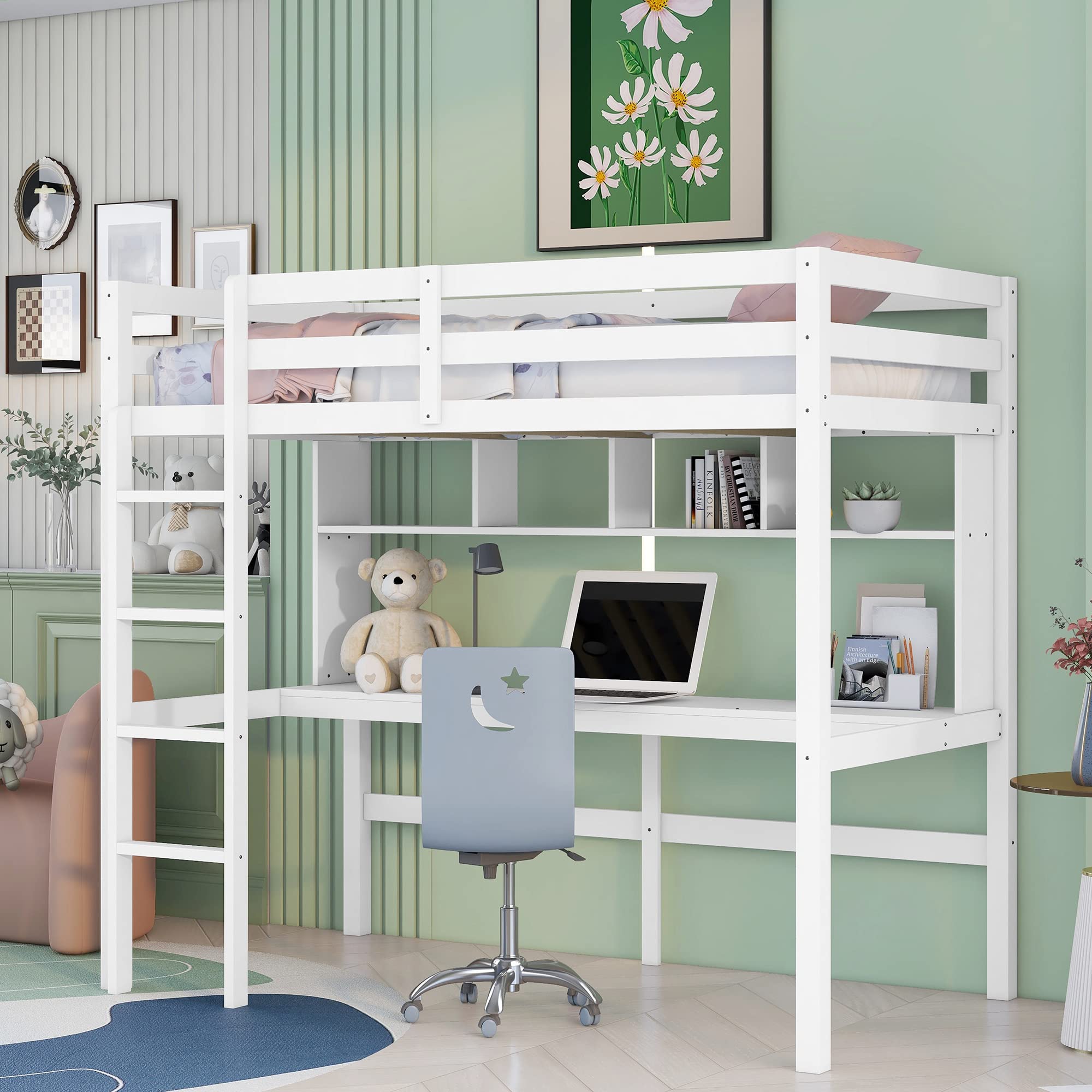 Twin Size Wooden Loft Bed with Desk and Shelves - Sturdy Study Space Saving Furniture for Kids, Teens & Adults (White) | Perfect for Small Bedrooms, Dorm Rooms & Home Offices