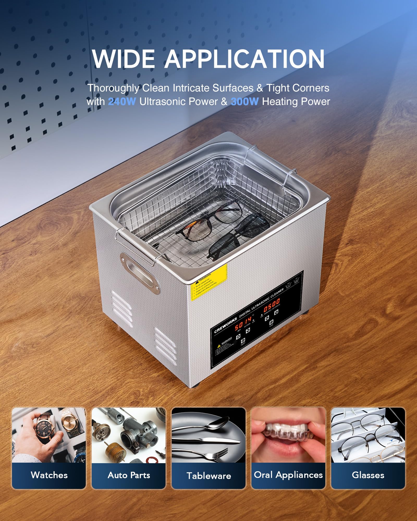 CREWORKS 10L Digital Ultrasonic Cleaner with Heater & Timer - 240W Stainless Steel Cleaning Machine for Jewelry, Glasses, Auto Parts, Tools - 2.6 Gallon Professional Sonic Cleaner for Home, Lab & Industrial Use