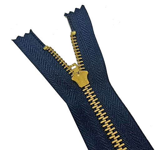 Heavy Duty 7 Inch Metal Zippers #5 Navy Tape with Golden Brass Teeth - 6 Pack Closed End Spring Lock Sliders for Jeans, Denim Pockets, Clothing & Sewing Crafts | Perfect for DIY Projects, Jacket Repairs & Bag Making (7