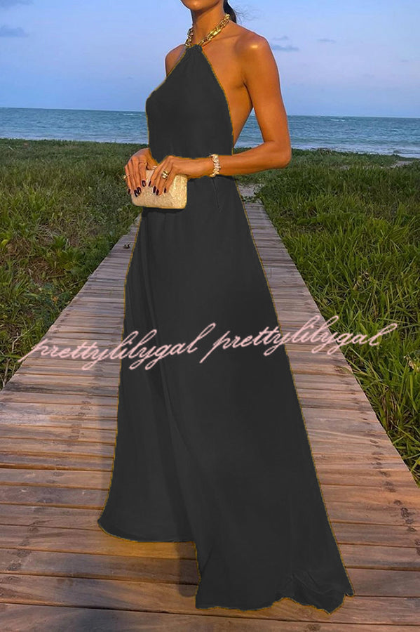 Santorini Vacation Maxi Dress - Backless A-Line Halter Dress with Metal Chain Detail | Perfect for Beach Weddings, Summer Getaways & Boho Fashion
