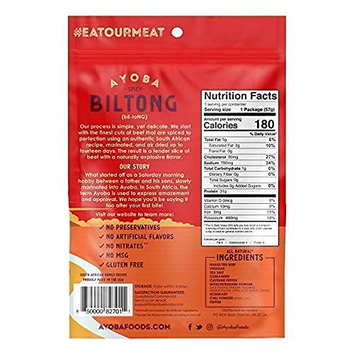 Ayoba Spicy Grass Fed Beef Biltong Slices - 2oz Pack | Keto, Paleo, Gluten Free, Whole30 Approved, Sugar Free, No Carb Meat Snack | Perfect for Hiking, Travel & Low Carb Diet