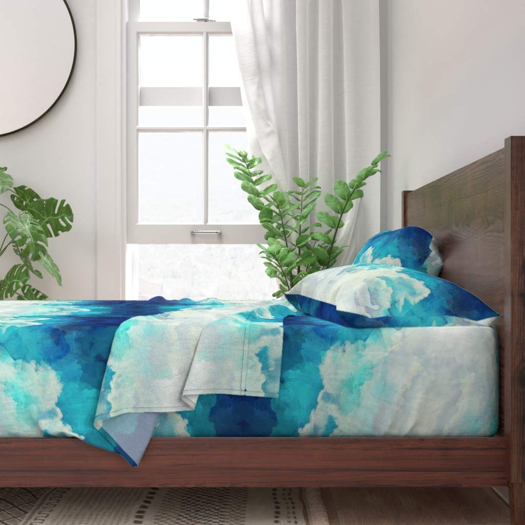 Soft Watercolor Blue White Clouds Print 100% Cotton Twin 3-Piece Sheet Set | Pastel Sky Tie-Dye Weather Design | Breathable Bedding for Easter Decor, Guest Room & Cozy Sleep