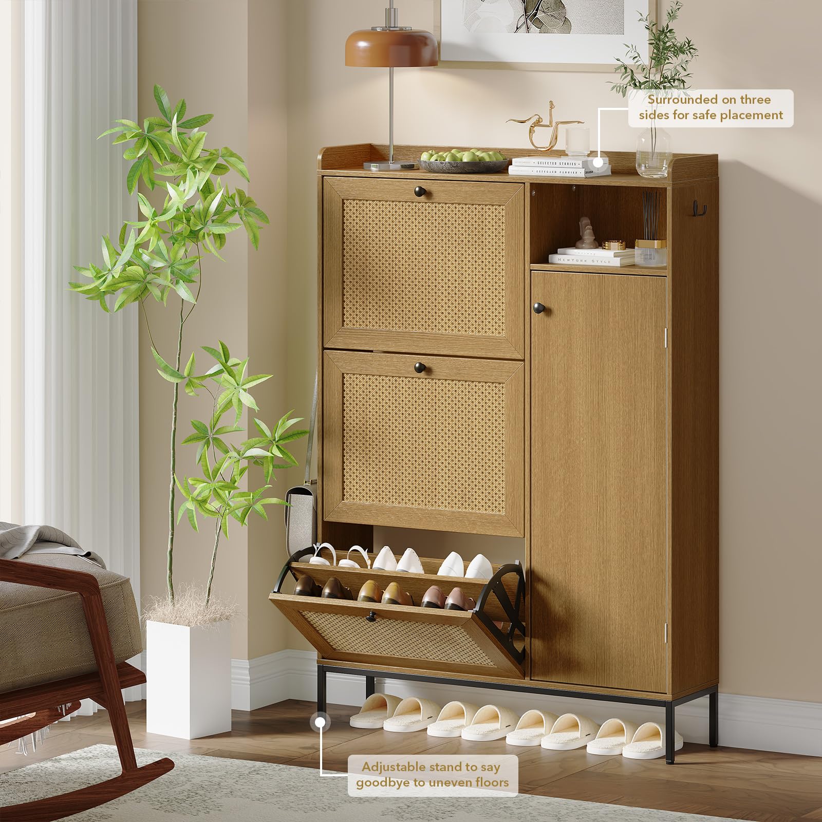 GAOMON Shoe Storage Cabinet with 3 Flip Drawers - Adjustable Rattan Wooden Shoe Rack Organizer for Entryway, Hallway & Living Room - Free Standing Shoe Cabinet for Home Organization & Space Saving