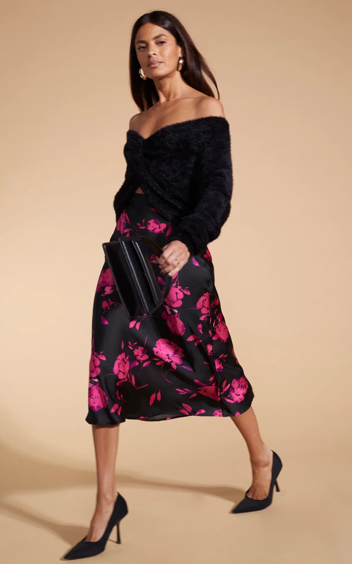 Lotus Floral Print Skirt - Pink on Black A-Line Skirt for Women | Perfect for Summer Outfits, Beach Vacations & Boho Fashion