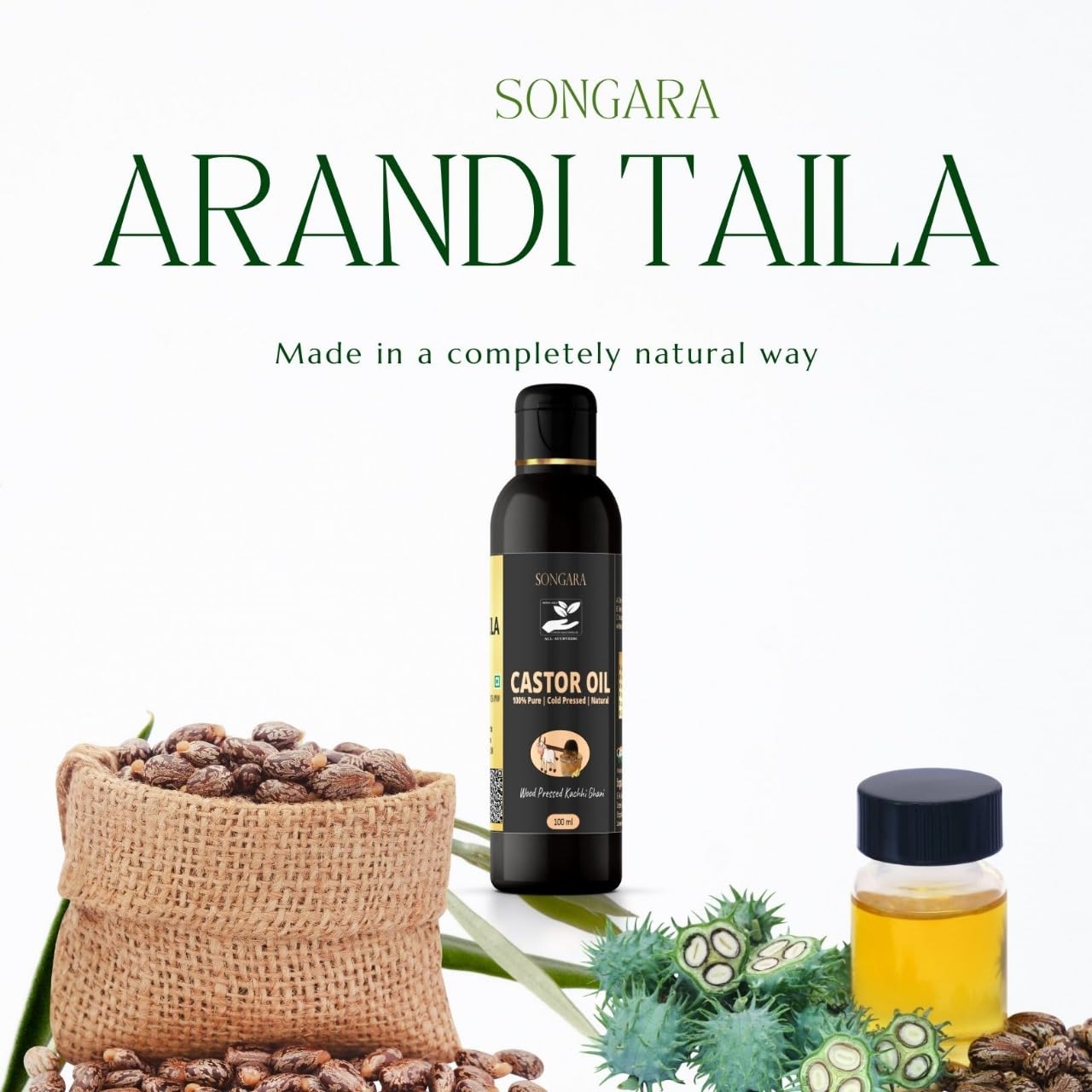 100% Pure Cold Pressed Castor Oil for Hair Growth, Skin & Nails - Natural Ayurvedic Arandi Taila (3.4 fl oz) - Promotes Thicker Hair, Healthy Skin & Strong Nails - Perfect for Hair Care, Massage & Beauty Routines