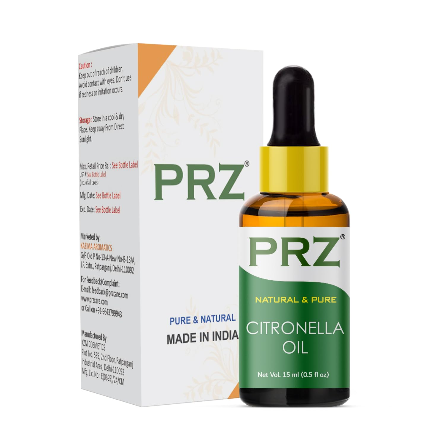 PRZ Citronella Essential Oil - 100% Pure Natural Therapeutic Grade for Aromatherapy, Massage, Skin & Hair Care - 15ml Bottle - Perfect for Diffusers, DIY Beauty Products & Insect Repellent
