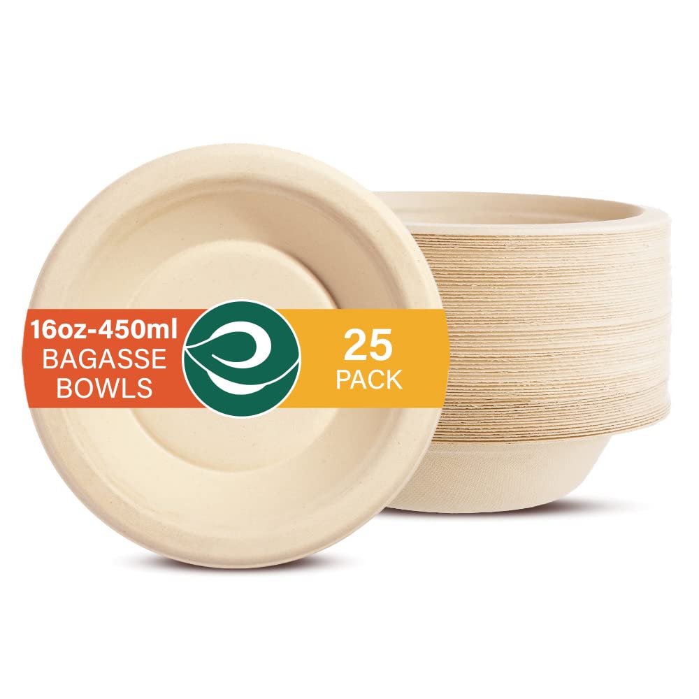 ECO SOUL 475ml Compostable Bagasse Bowls - 25-Pack Disposable Eco-Friendly Biodegradable Dinnerware for Parties, Weddings & Events (Brown) | Perfect for Catering, Picnics & Sustainable Dining