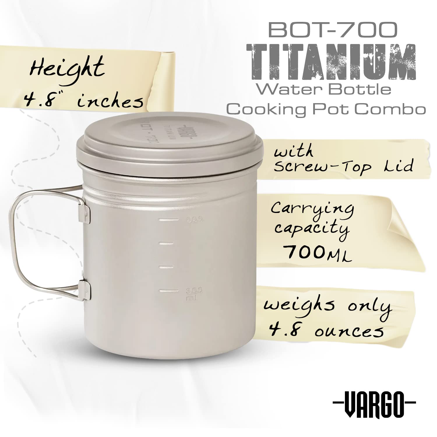 Vargo Titanium BOT-700 | 700ml (23 oz) Lightweight Titanium Cooking Pot & Water Bottle with Foldable Handles & Leakproof Lid | Perfect for Camping, Hiking & Backpacking | Durable Outdoor Cookware