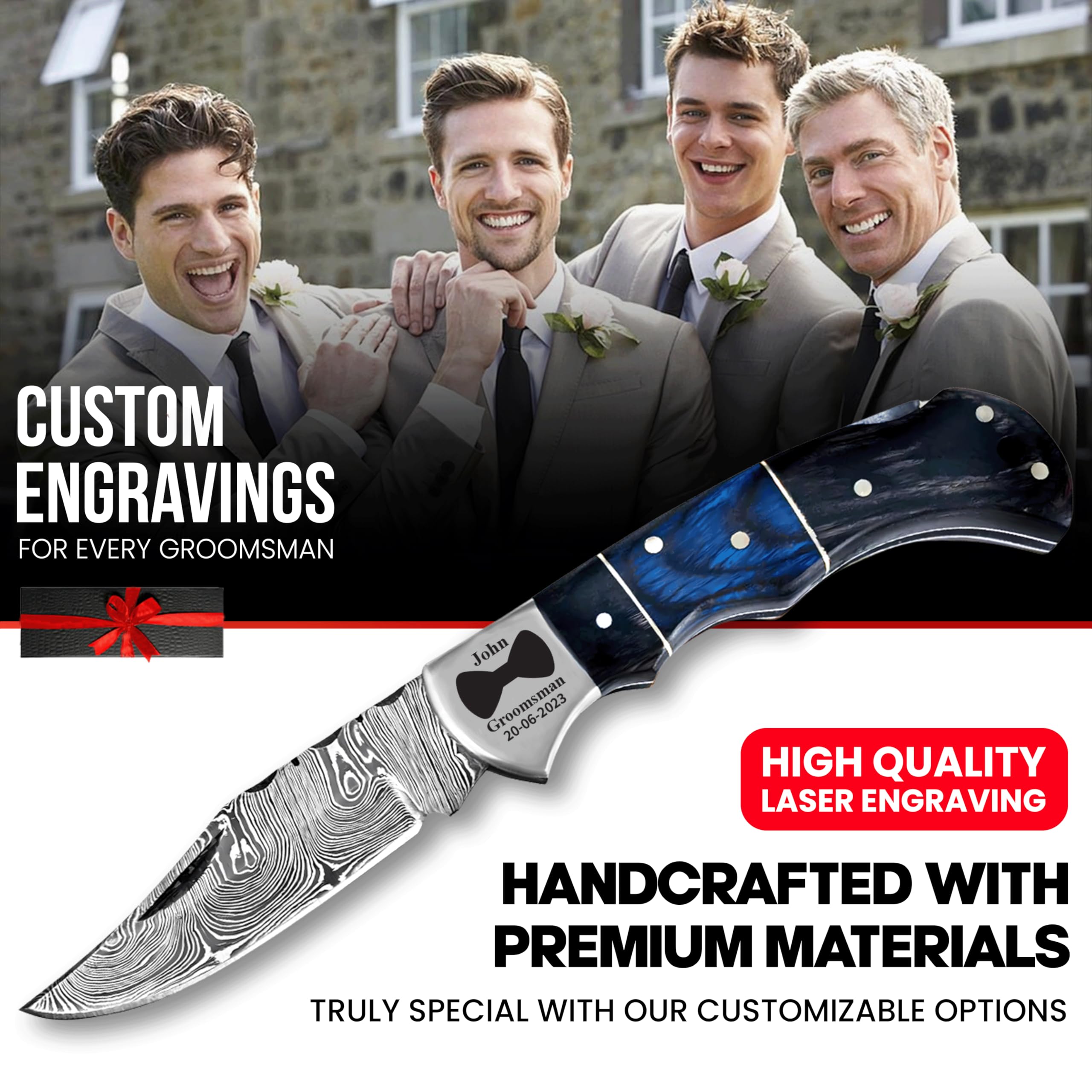 6-Piece Personalized Damascus Steel Pocket Knife Set with Leather Sheaths - Custom Engraved Groomsmen Gifts for Weddings, Proposals & Special Occasions - Perfect for Outdoor Adventures, Camping & Everyday Carry