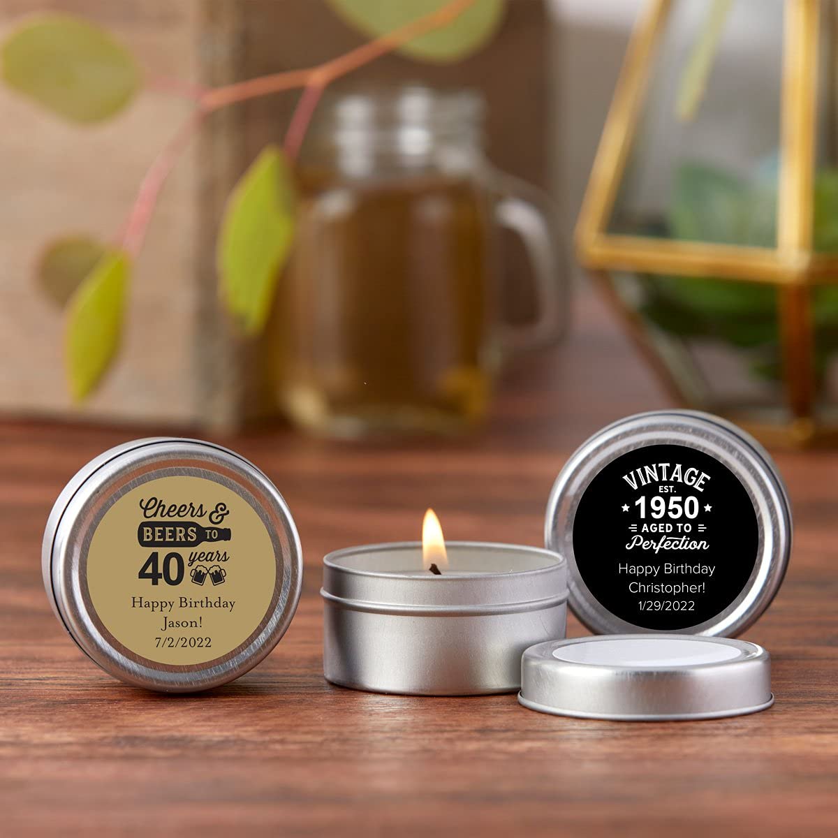 Kate Aspen Personalized Travel Candle Tin - 96PCS Custom Scented Candles with Round Sticker Design - Perfect for Milestone Birthday Party Favors, Wedding Decor & Travel Gifts - Great for Home, Office & Spa Relaxation