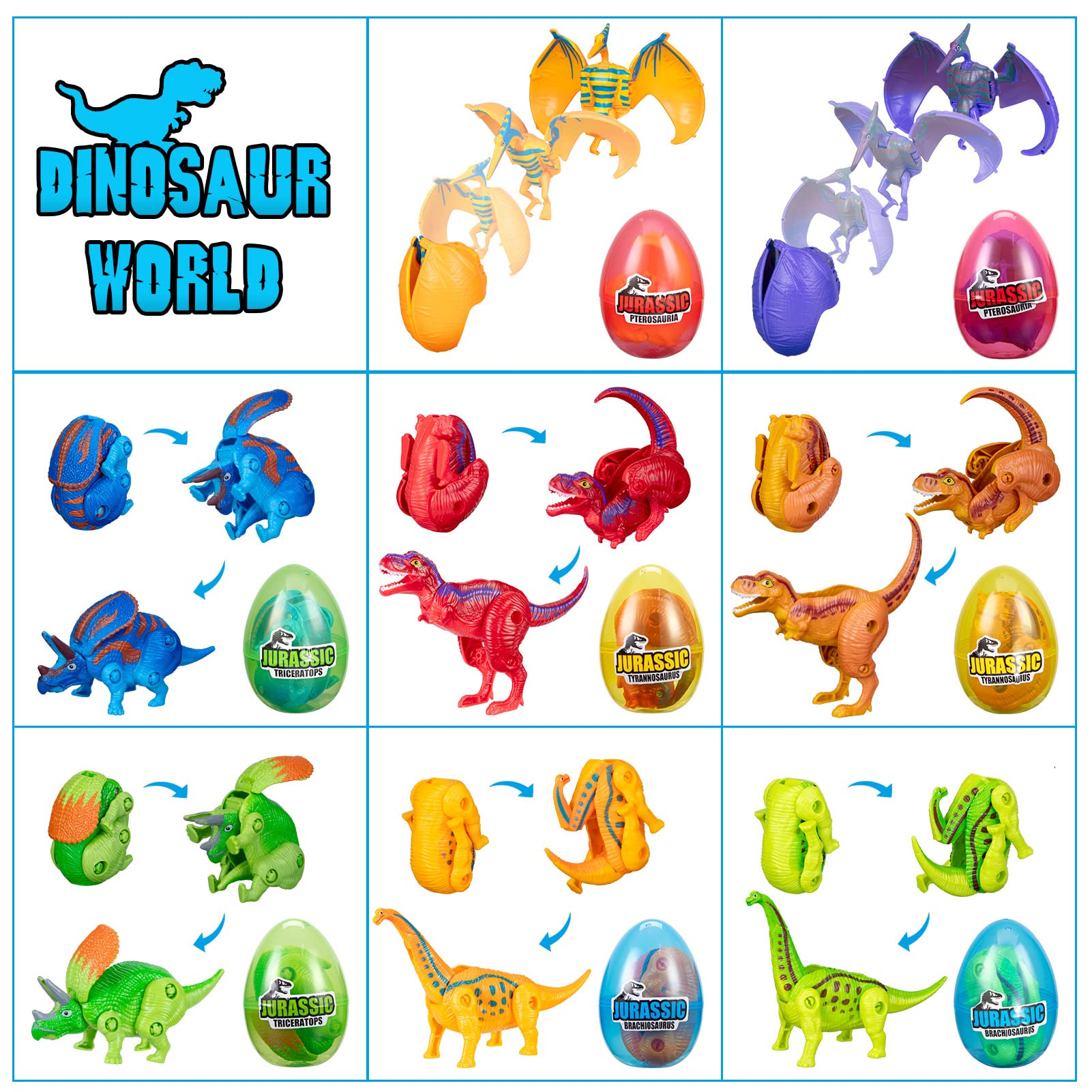 8 Pack Easter Hatching Dinosaur Eggs - Jumbo Deformable Transforming Dinosaur Toys Inside - Plastic Surprise Eggs for Easter Basket Stuffers, Egg Hunt Party Favors & Classroom Prizes - Perfect for Easter Celebrations, Kids' Parties and Educational Play