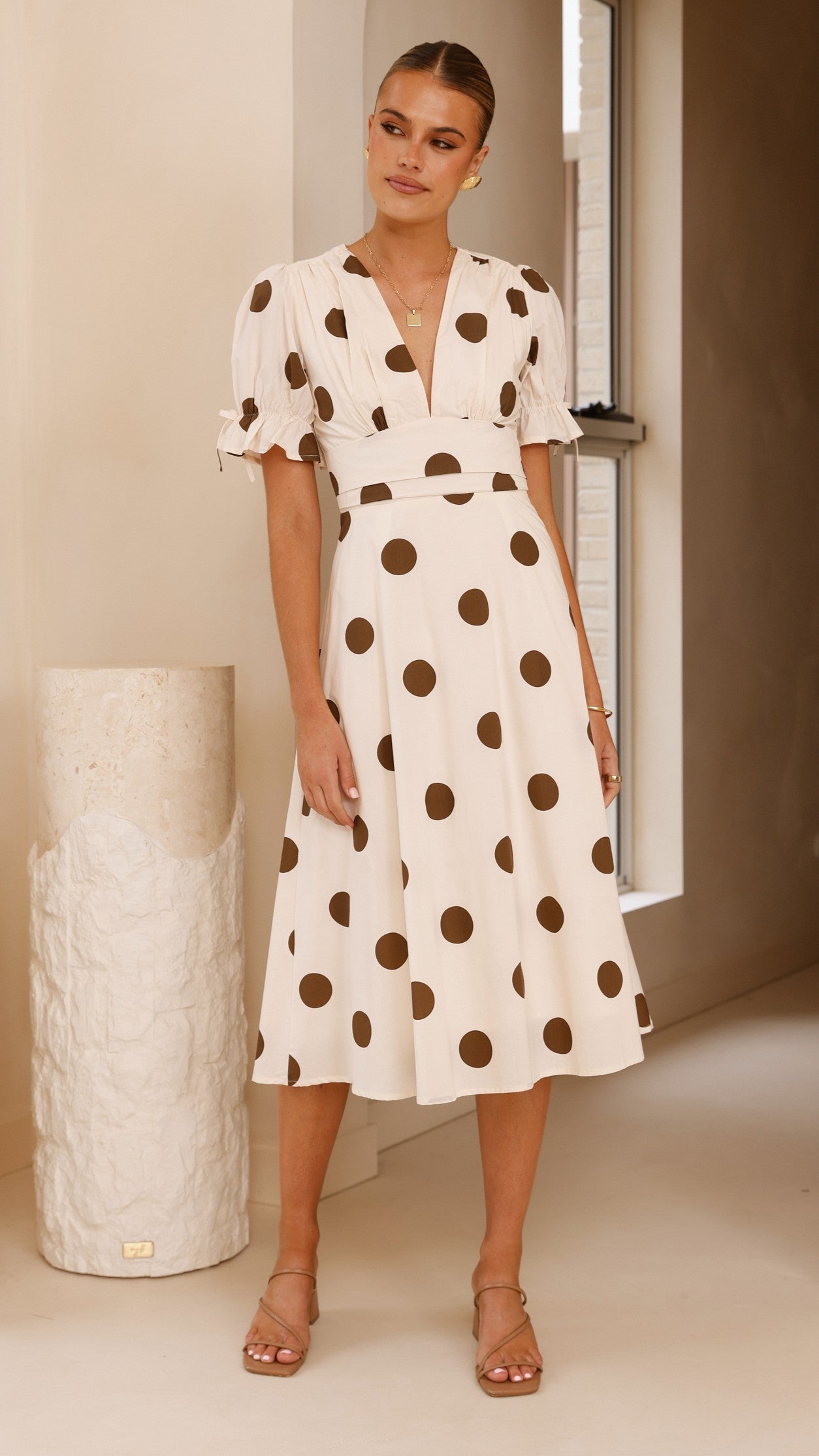 Alondra Midi Dress for Women - Elegant White & Camel Flowy Summer Dress for Casual Wear, Date Night & Beach Vacation