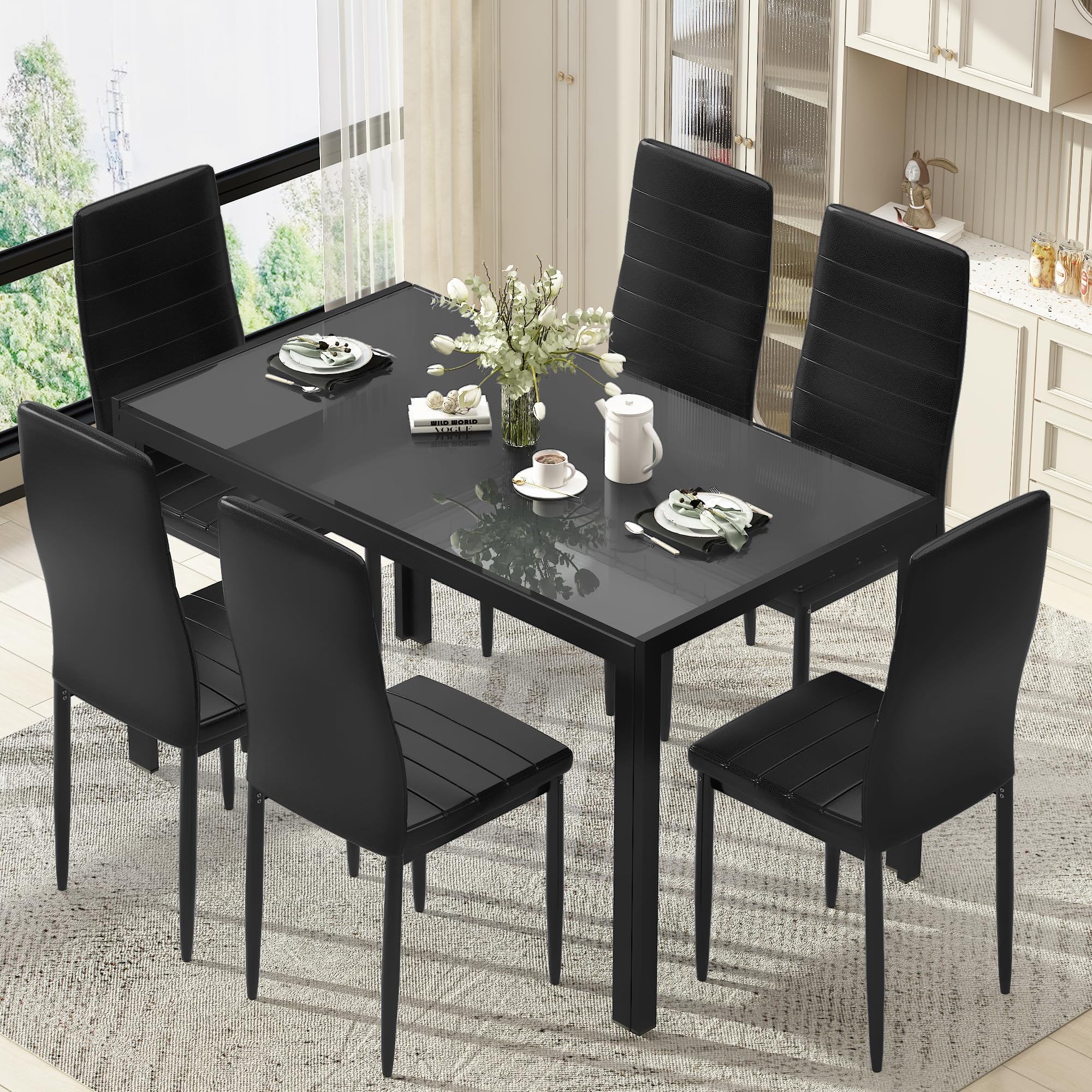 DKLGG 7-Piece Modern Glass Dining Table Set for 6 with PU Leather Chairs - Space Saving Kitchen Table for Small Spaces, Dinette, Apartment - Black | Perfect for Family Dinners, Entertaining Guests & Compact Living Areas