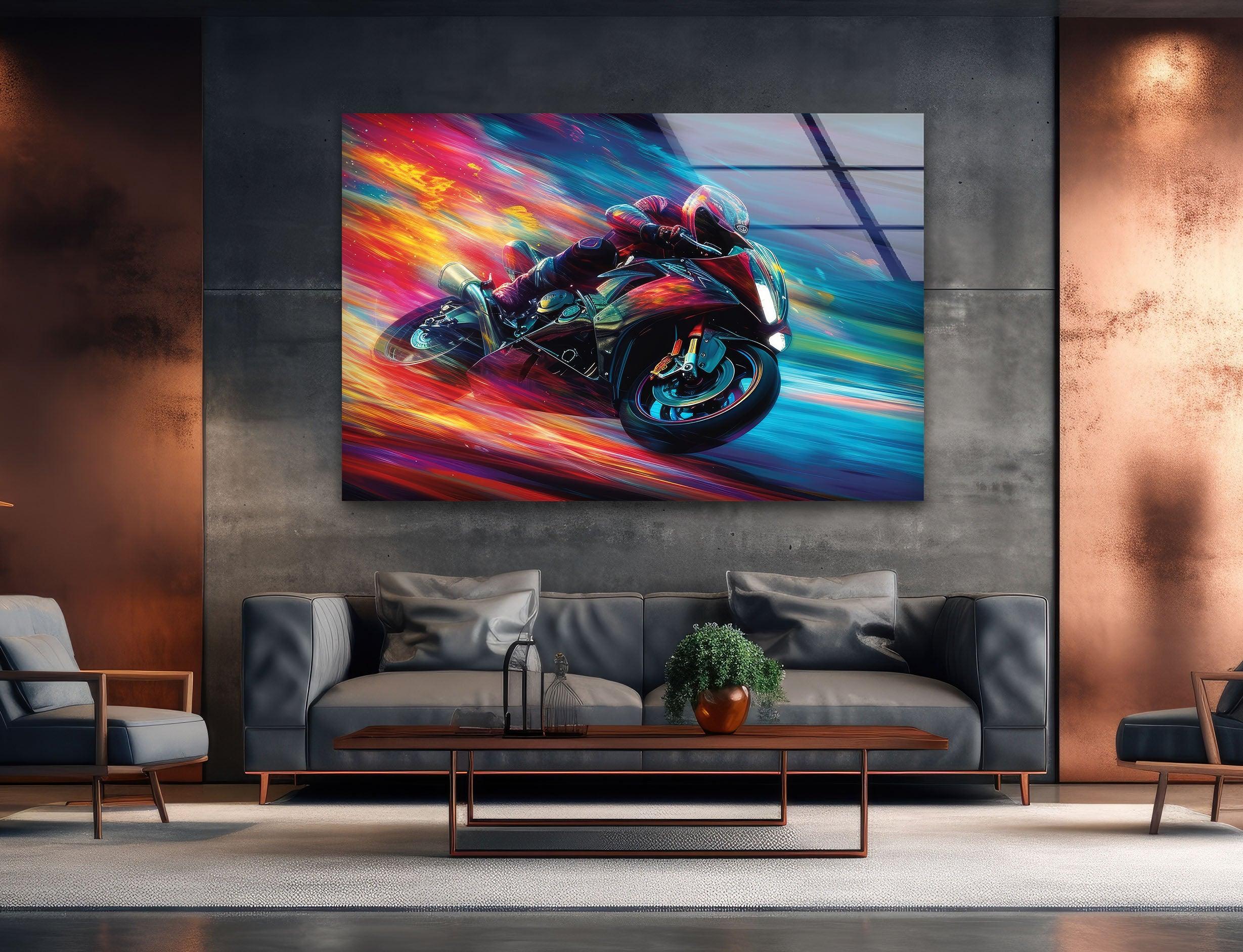 Vibrant Motor Racer Glass Wall Art - Modern Home Decor for Living Room, Bedroom & Office - Unique Automotive Themed Gift for Car Enthusiasts