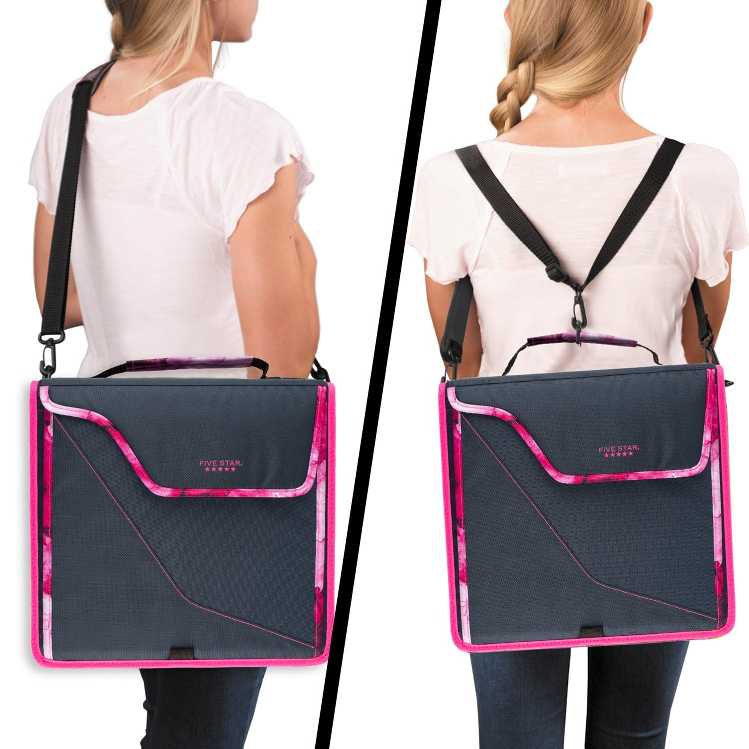 Five Star 3 Inch 3-Ring Binder with Zipper - 850 Sheet Capacity School Binder, 5-Tab Expanding File Organizer, Removable Padded Case - Navy & Pink (292960D) - Perfect for Students, Office Work & Document Storage