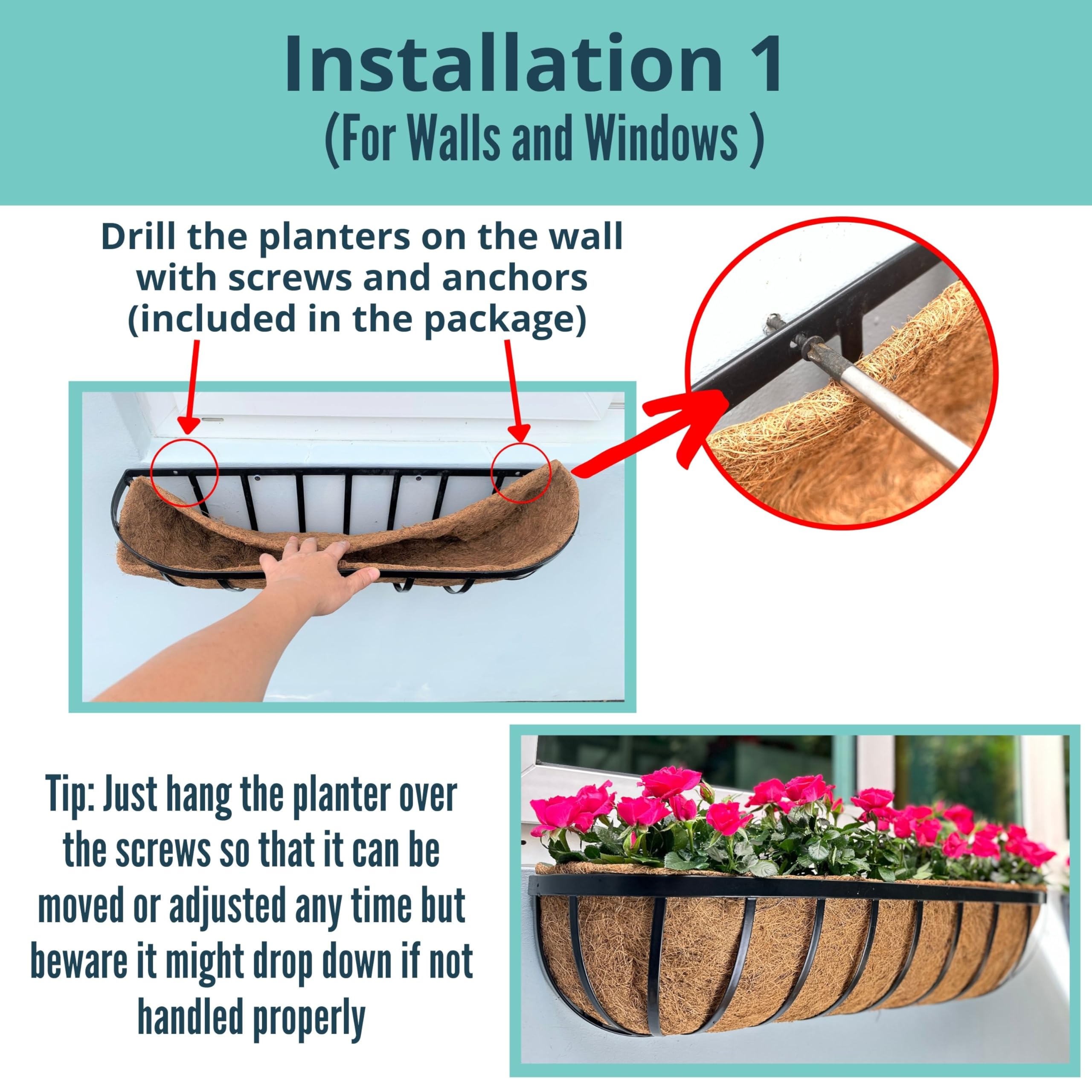 LaLaGreen 8-Pack 36 Inch Deck Railing Planter Boxes with Coco Liners - Outdoor Window Flower Boxes for House, Wall, Fence & Balcony | Perfect for Porch Rail Gardens, English Horse Trough Style Planters & Outdoor Greenery Displays