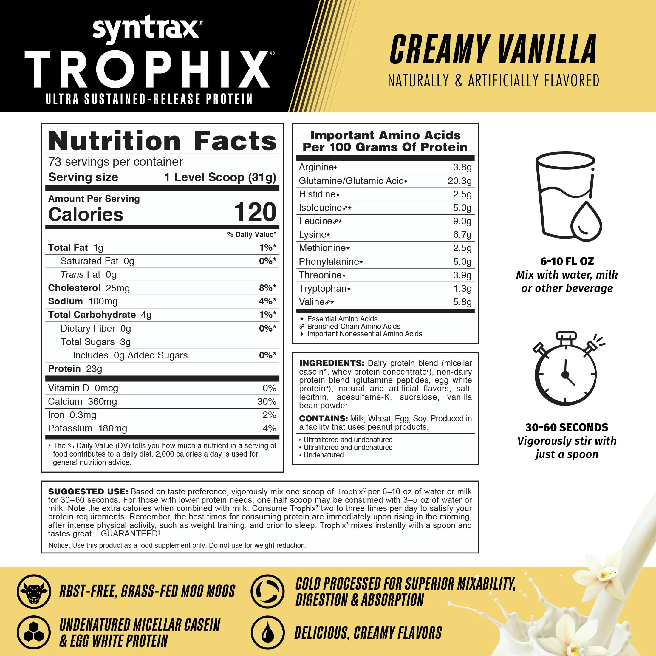 Syntrax Nutrition Trophix 5 lbs Protein Powder - Ultra Sustained-Release Protein Blend with Real Vanilla Bean Specks, Creamy Vanilla Flavor, Kosher Certified | Ideal for Post-Workout Recovery, Meal Replacement & Muscle Growth Support
