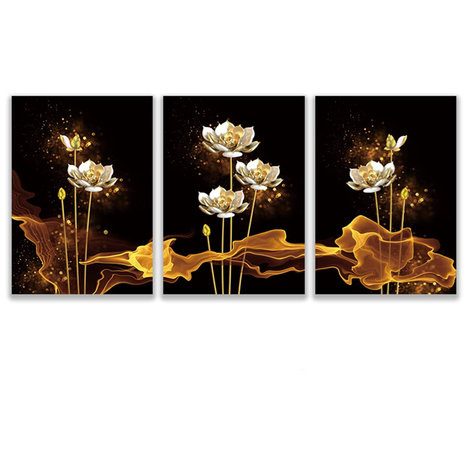 3 Pcs Golden Lotus Flower Wall Art Canvas Painting - Framed Floral Prints for Living Room, Dining Room, Home Decor - Perfect for Modern, Boho & Asian Style Interiors