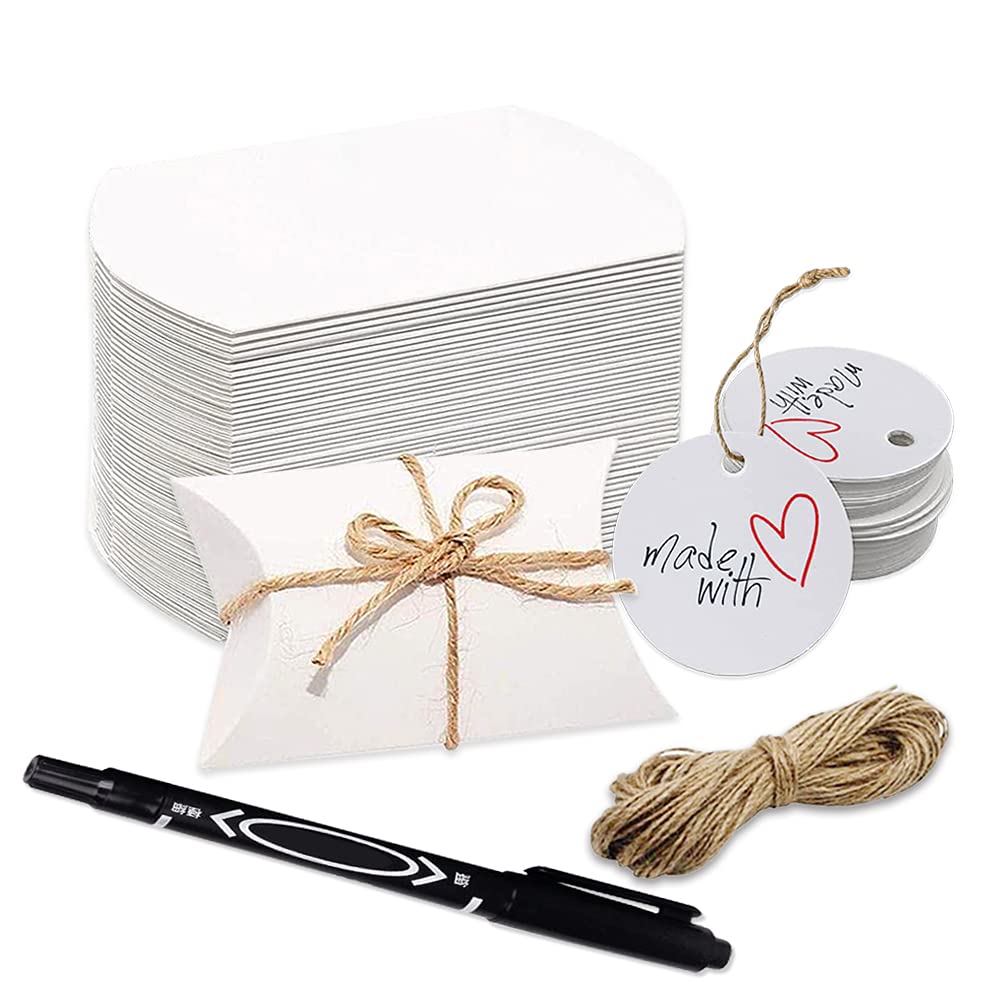 100 Pack White Kraft Pillow Favor Boxes with Tags & Twine - Wedding Candy Favor Boxes for Bridal Shower, Baby Shower, Birthday Party Favors & Gift Packaging