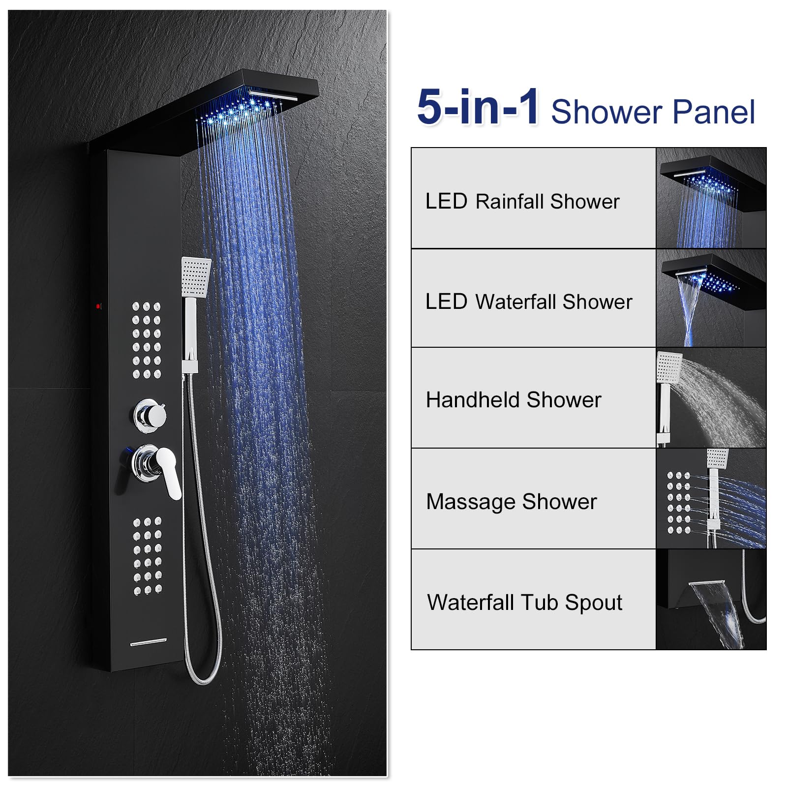ROVATE 5-in-1 Stainless Steel LED Shower Panel Tower System - Rainfall Waterfall Shower Head with Massage Jets & Handheld Sprayer, High Pressure Shower Tower with Tub Spout (Black) - Perfect for Modern Bathroom Renovation & Spa-Like Shower Experience