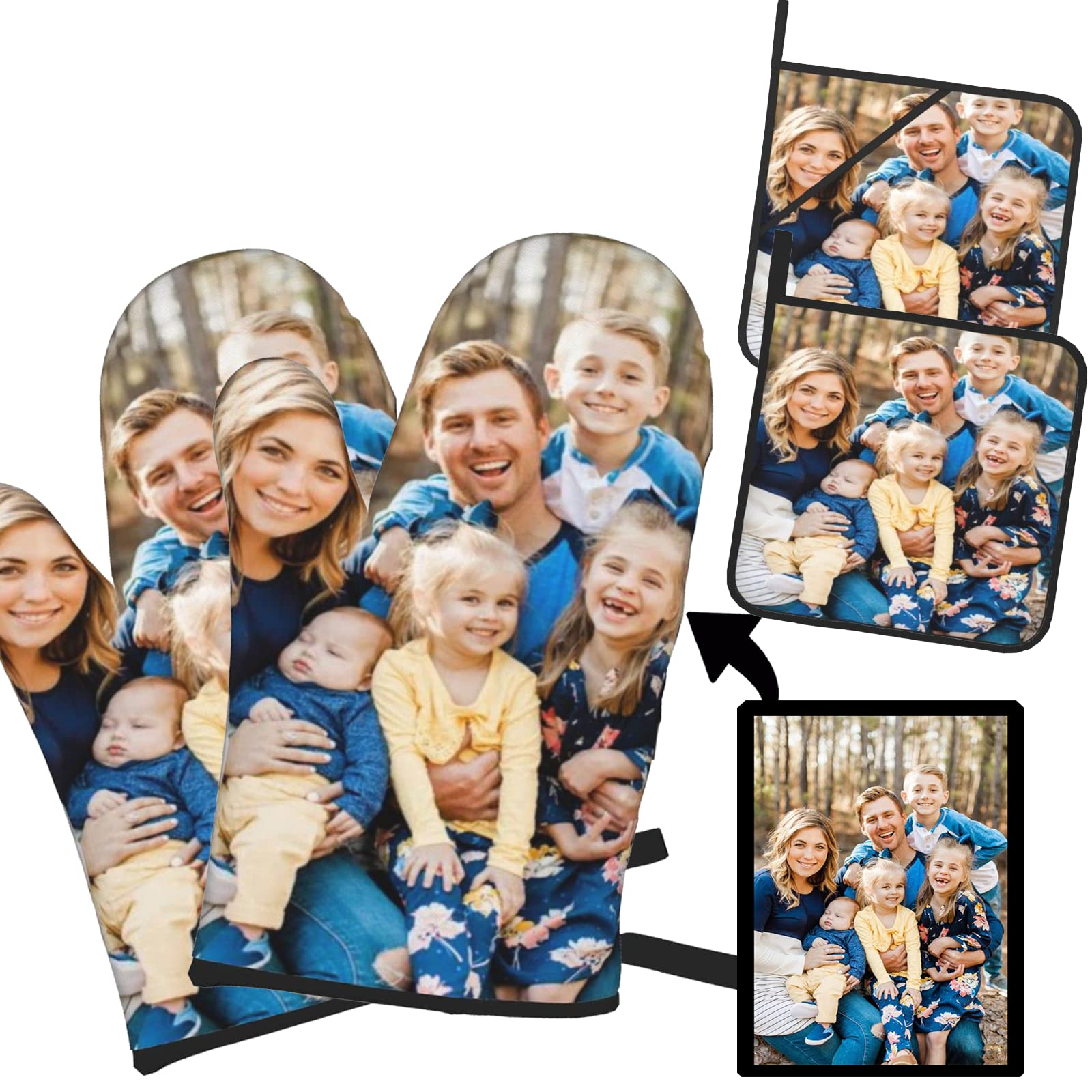 Custom Photo Oven Mitts & Pot Holders Set - Personalized Baking Gifts for Women - Kitchen Cooking, BBQ & Grilling Essentials (2 Mitts + 2 Holders) - Perfect for Holiday Gifts, Housewarming & Chef Appreciation