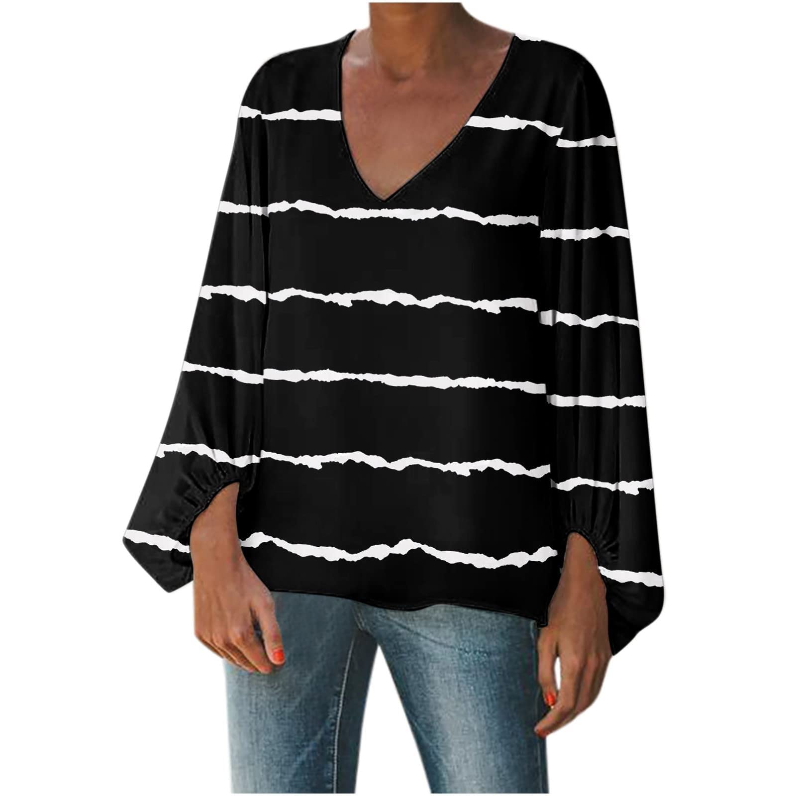 UODSVP Women's Long Sleeve Printed T-Shirt - Elegant V-Neck Loose Blouse for Casual Wear | Perfect for Office, Date Night & Everyday Outfits