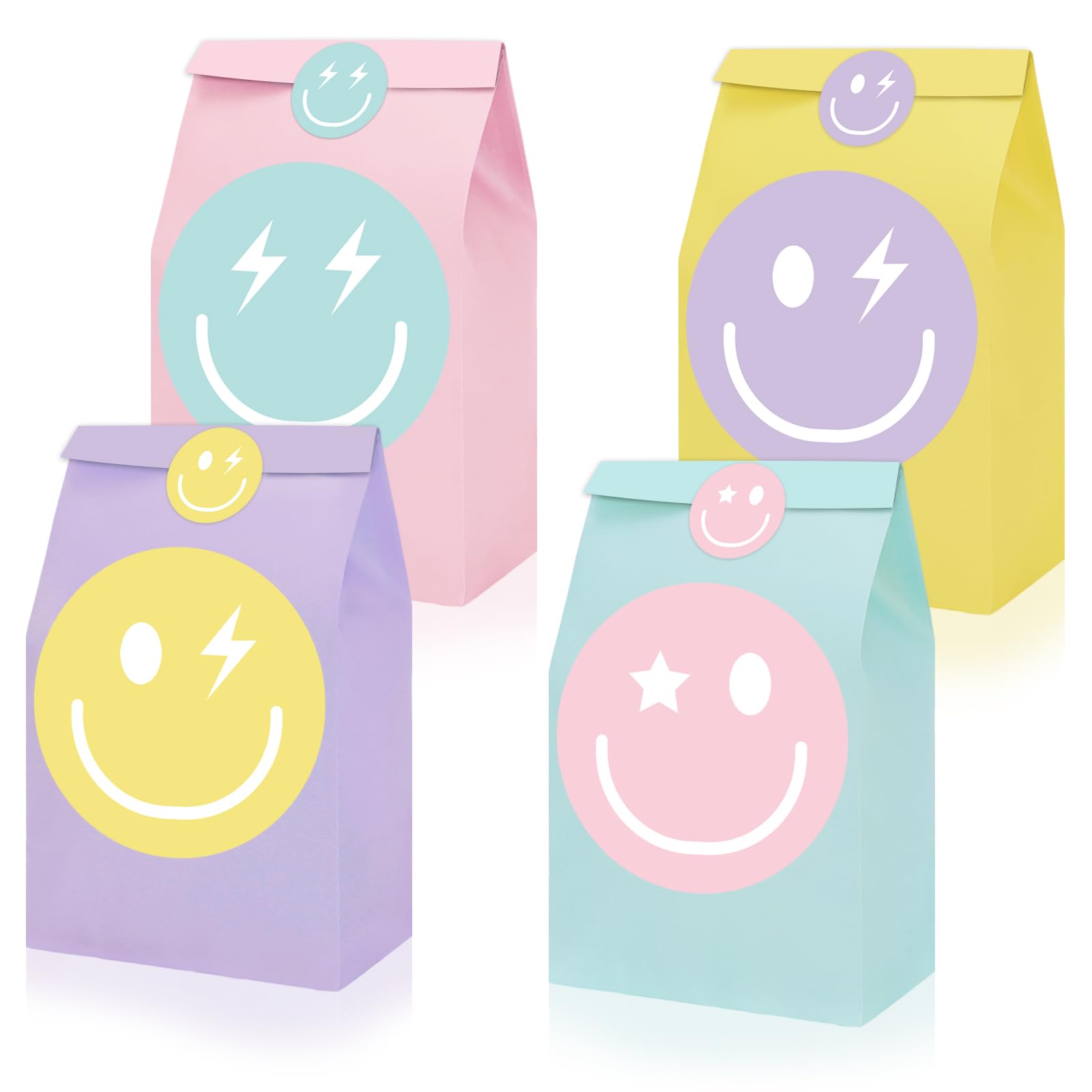 24Pcs Pastel Smile Face Paper Gift Bags with Tags & Stickers - Preppy Party Favor Bags for Candy, Treats - Perfect for Bachelorette, Wedding, Birthday Party Supplies & Decorations