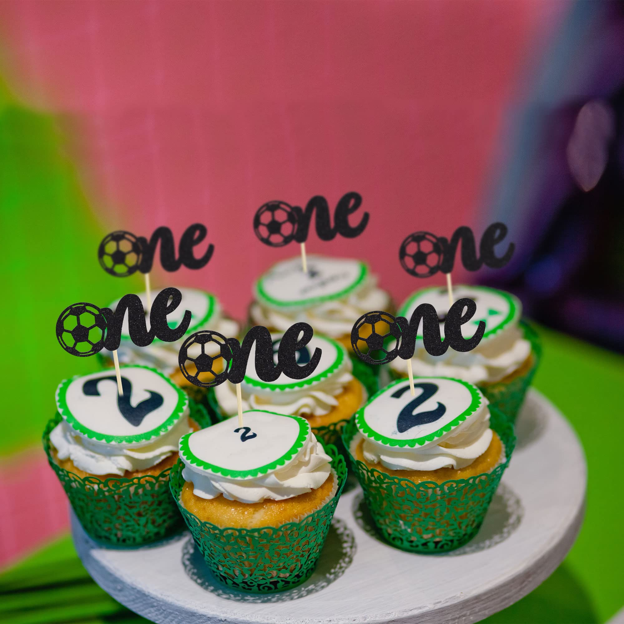 24Pcs Soccer Cupcake Toppers - Black Glitter Football Theme Cake Decorations for First Birthday, Baby Shower, Wedding & Sports Parties - Perfect for Sports-Themed Celebrations and Dessert Displays