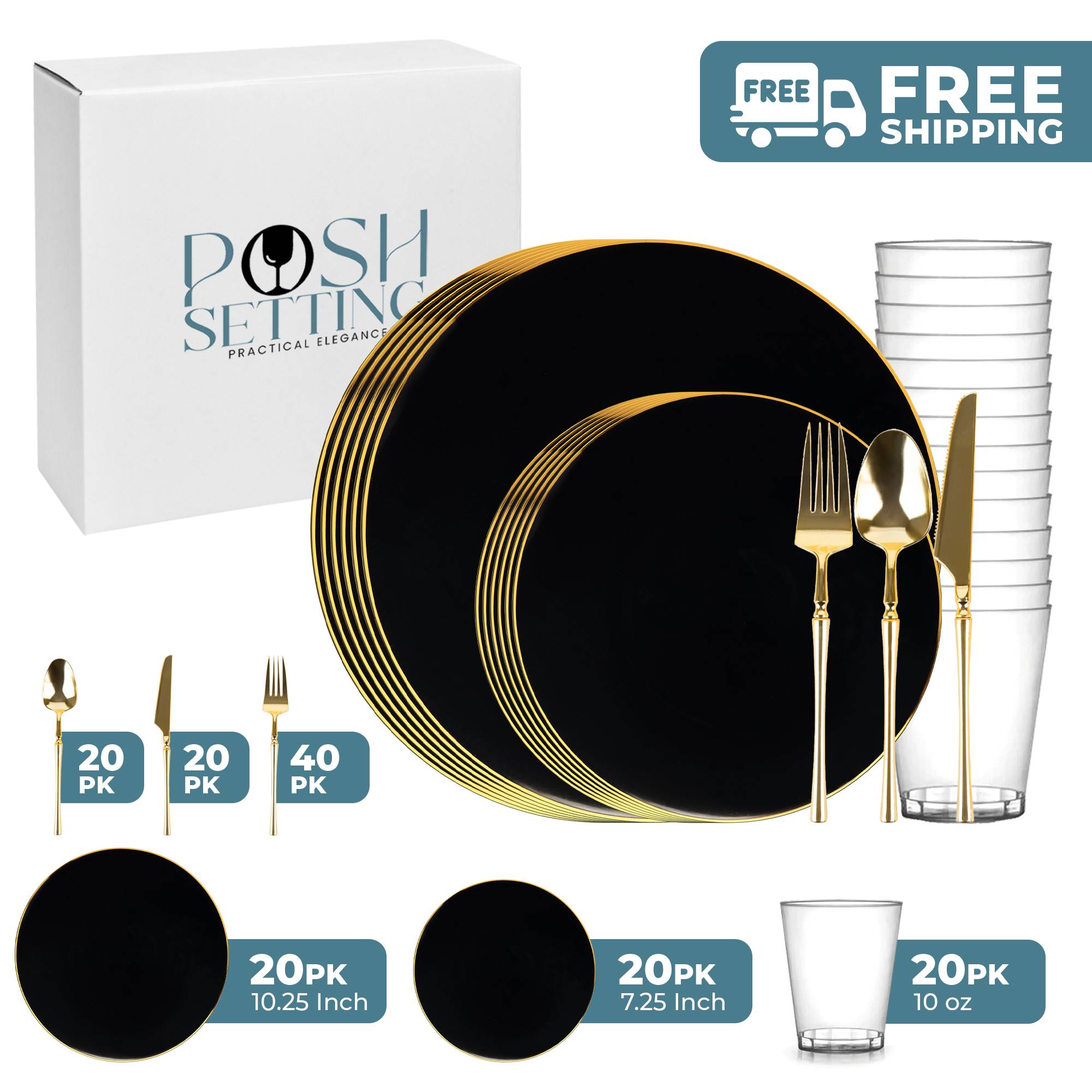 Black and Gold Plastic Party Bundle - Elegant Disposable Tableware Set for Birthday, Wedding & Holiday Celebrations - Perfect for Parties, Events & Home Decor