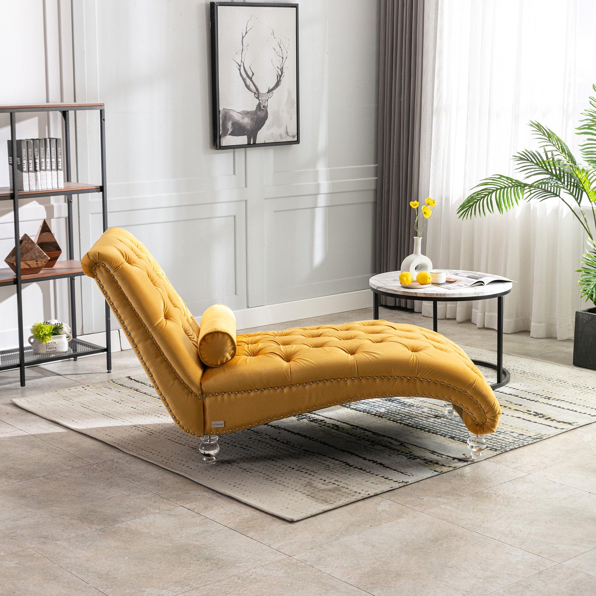 COOMORE Velvet Chaise Lounge Chair - Button Tufted Upholstered Sofa with Pillow, Mustard Velvet for Bedroom, Living Room & Office | Perfect for Reading Nook, Lounge Area & Home Decor