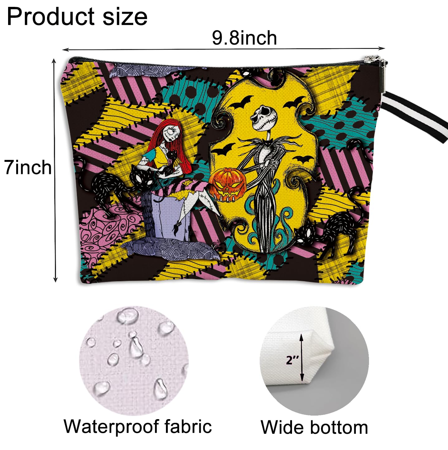 Nightmare Before Christmas Makeup Bag - Jack and Sally Themed Cosmetic Pouch for Women, Waterproof Travel Toiletry Bag with Zipper | Perfect for Halloween, Cosplay, and Daily Makeup Storage