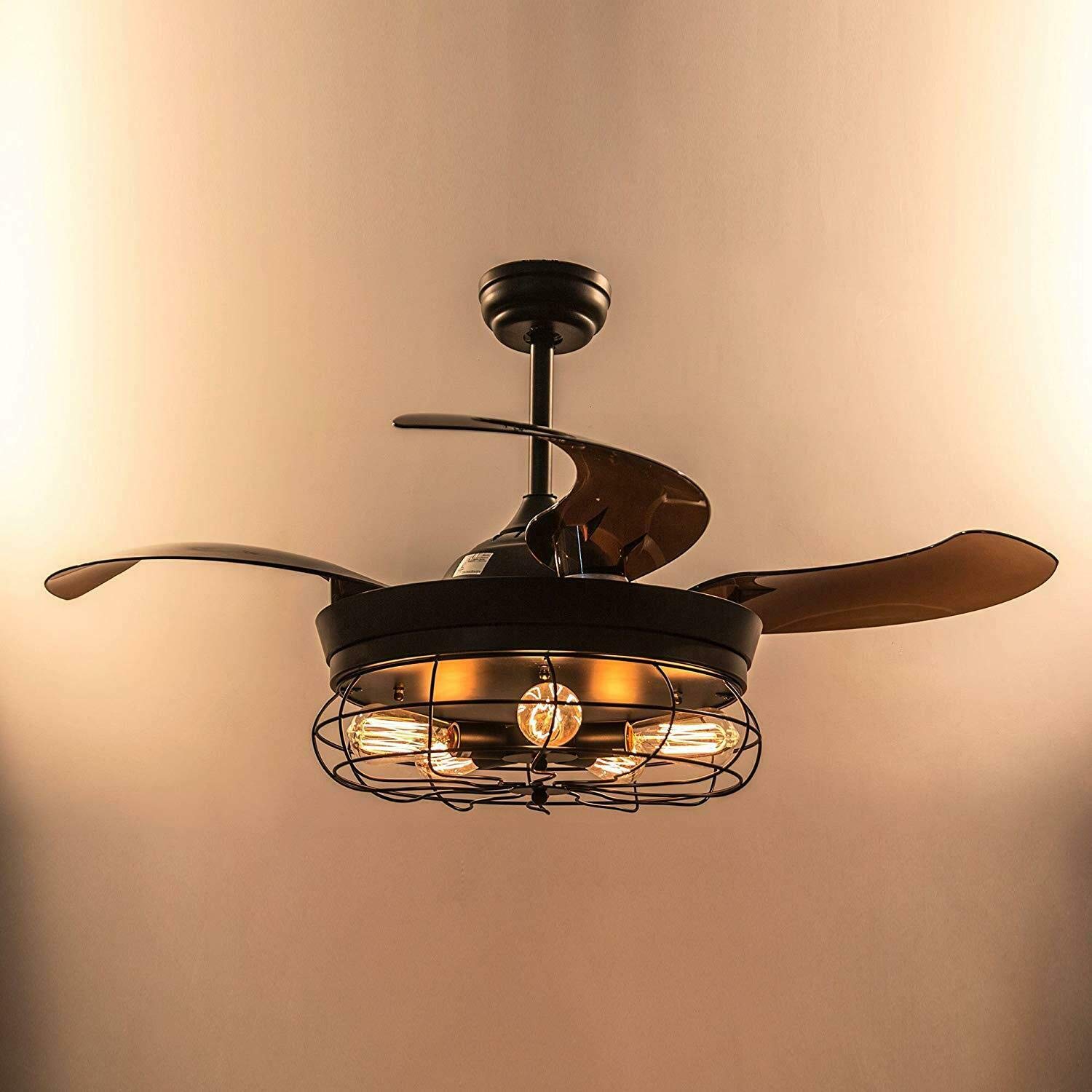 42'' Retractable Ceiling Fan with Light - Farmhouse Industrial Pendant Chandelier with Remote Control & Invisible Blades (Requires 5 Edison Bulbs) for Living Room, Bedroom, Dining Room, Office, Kitchen - Perfect for Home Cooling and Stylish Lighting