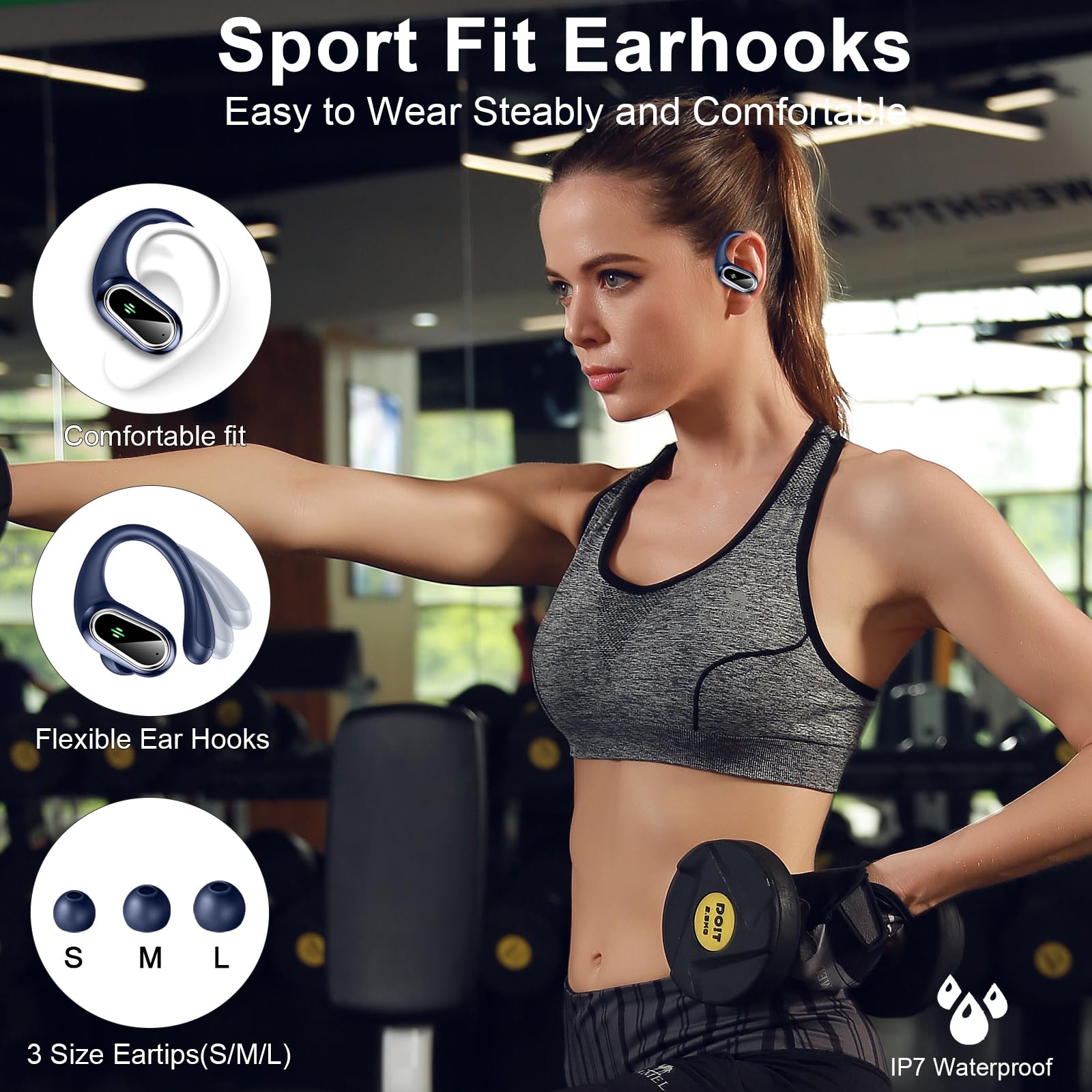 Poounur Wireless Earbuds Bluetooth 5.3, Noise Cancelling Sport Headphones with Mic - Perfect for Running & Gym