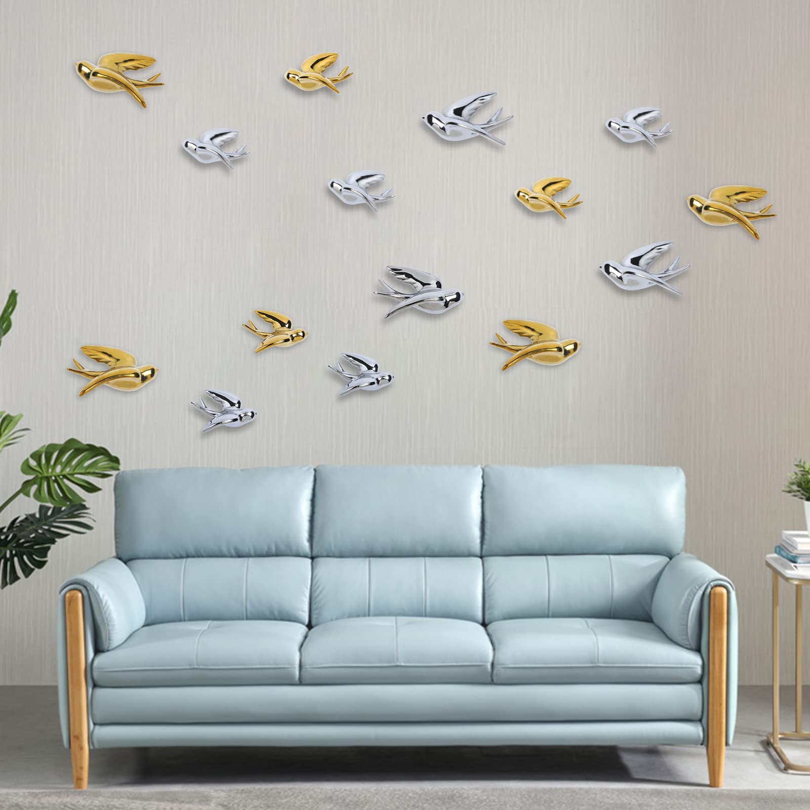 FiresGift Gold Ceramic Birds Wall Decor - Set of 2 Hanging Doves & Sparrows for Home, Kitchen, Living Room - Perfect for Farmhouse, Boho & Modern Interior Design