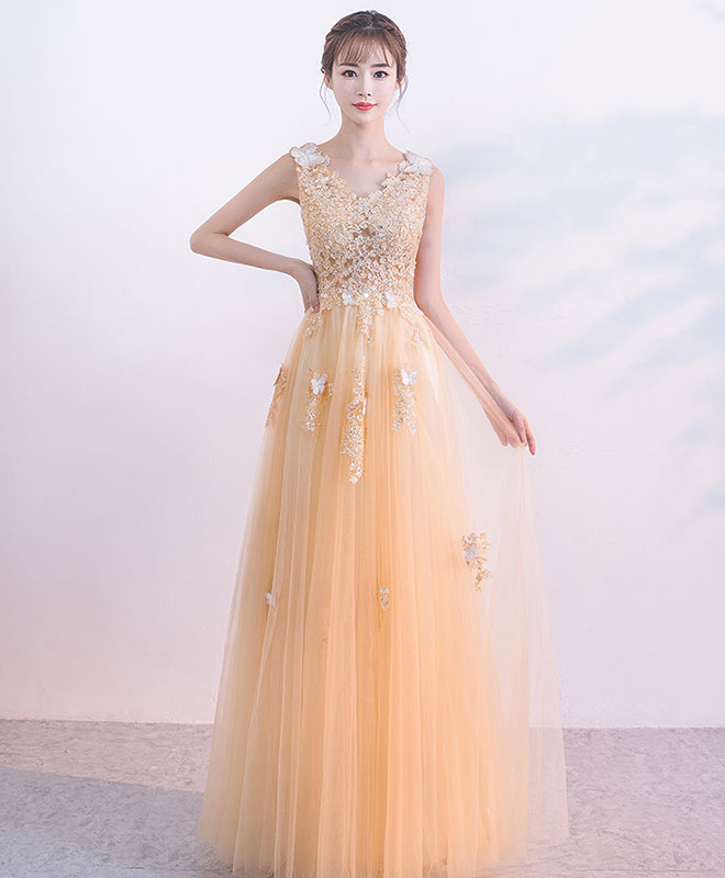 Elegant Champagne Tulle Lace Long Prom Dress - A-Line Evening Gown for Formal Dances & Special Occasions | Perfect for Homecoming, Prom Night & Black Tie Events
