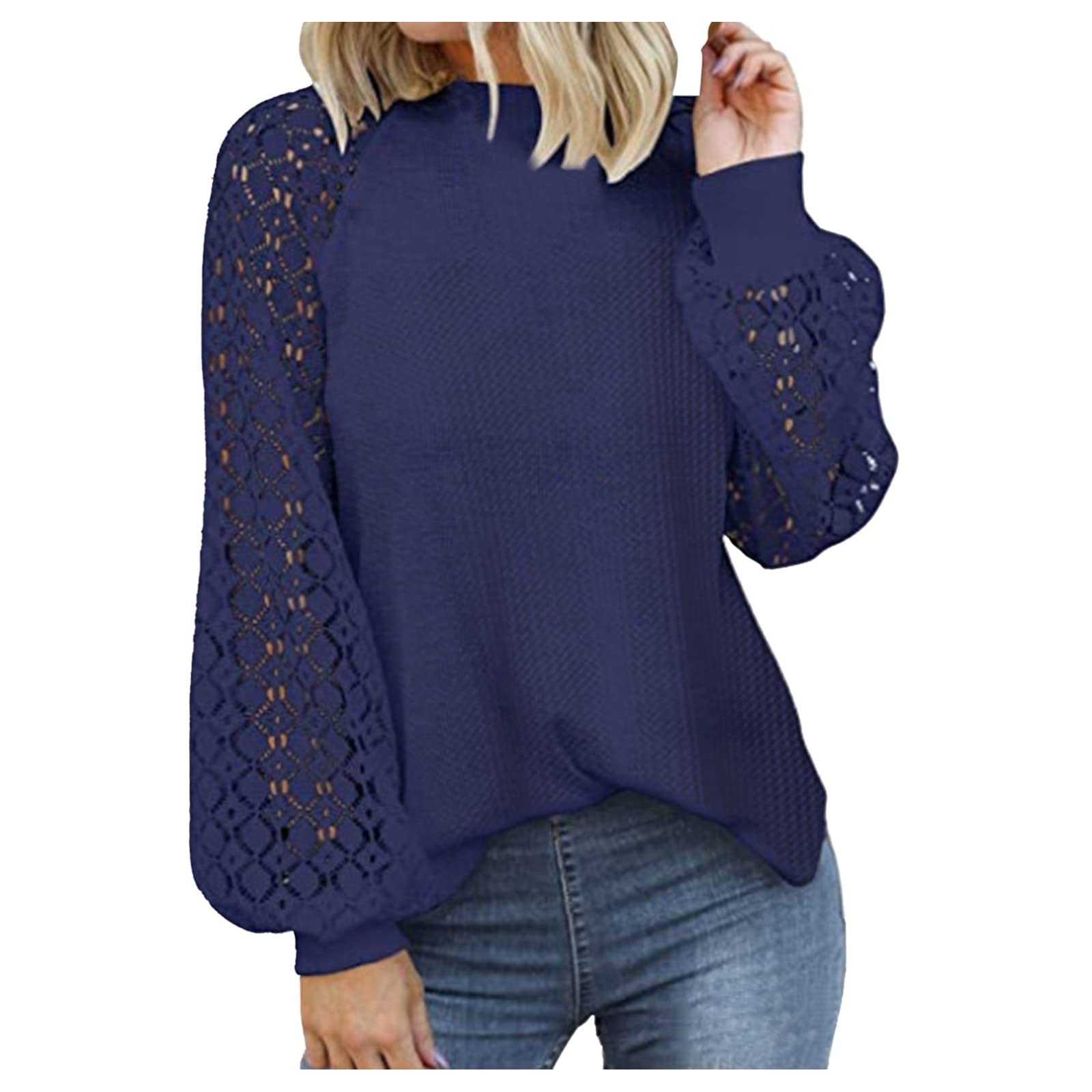 Trendy Women's Casual Loose Knit Pullover Blouse - Hollow-Out Lace Long Sleeve Shirt for Everyday Wear & Date Night Outfits
