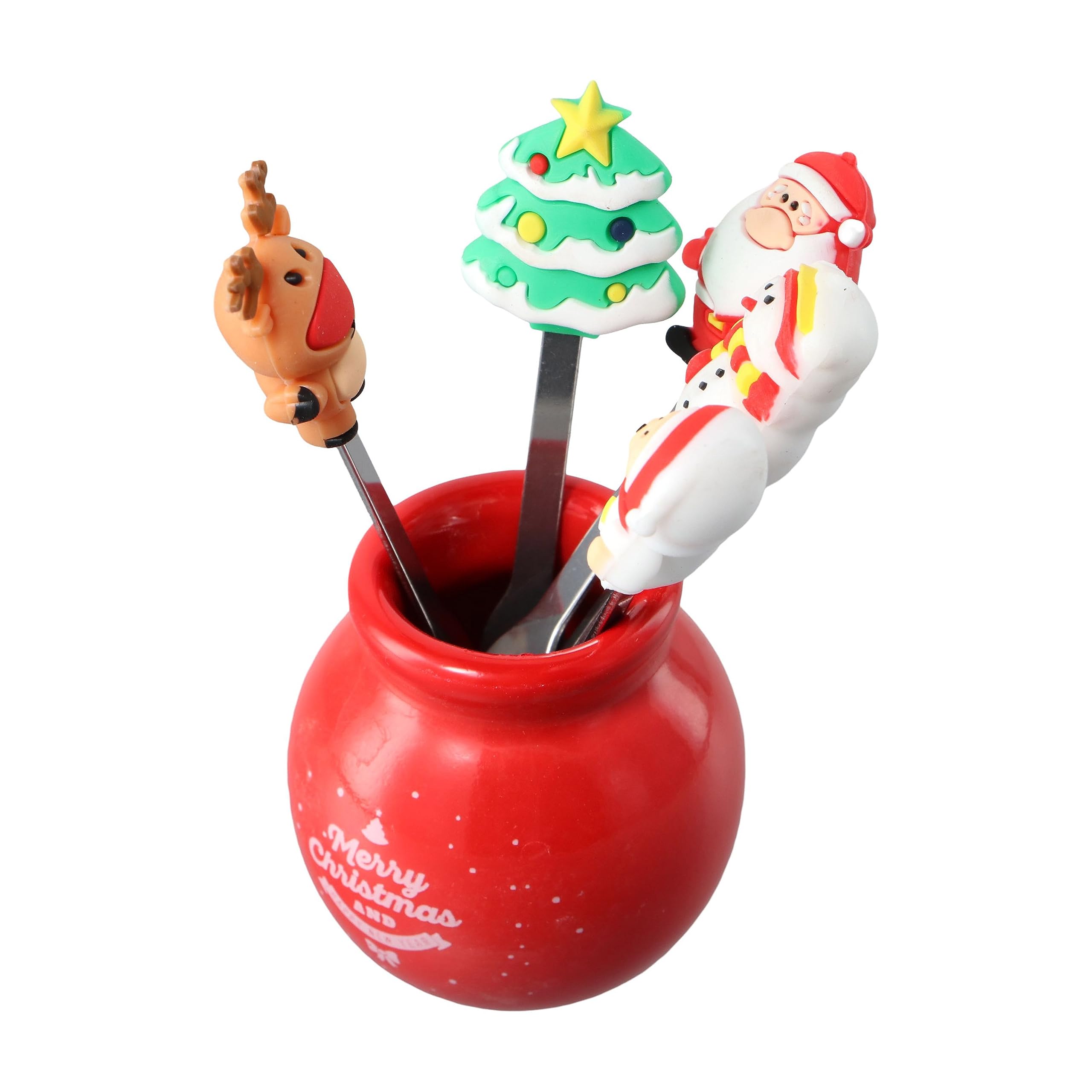 Premium Stainless Steel Food Picks with Ceramic Jars - Cute Cartoon Animal Fruit Forks with Silicone Handles for Cheese, Appetizers, Party Platters & Holiday Gatherings (Christmas, Thanksgiving, Birthday Celebrations)