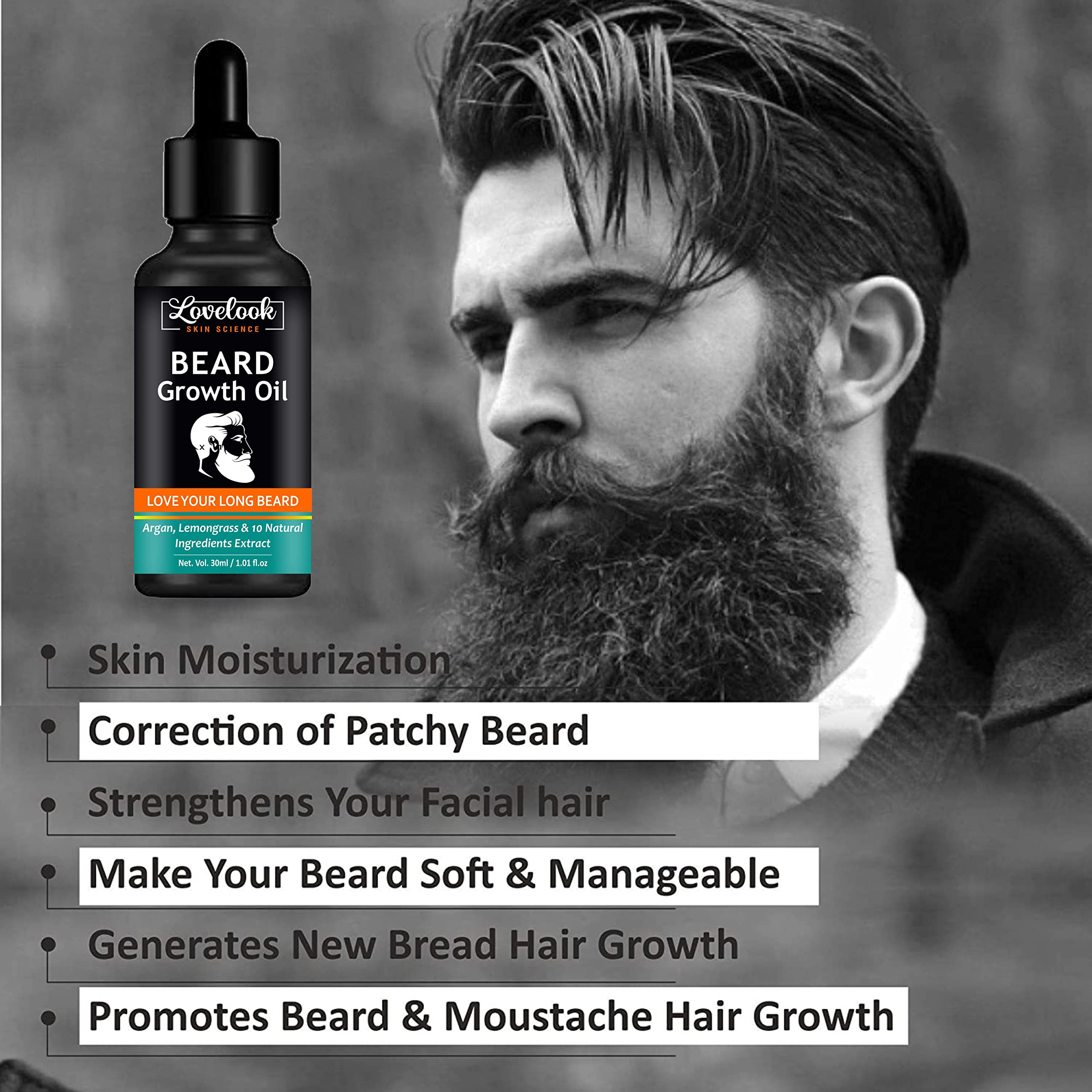 Lovelook Beard Growth Oil with Argan & Lemongrass - 10 Natural Extracts for Thicker Facial Hair (30ml) - Perfect for Daily Grooming & Styling