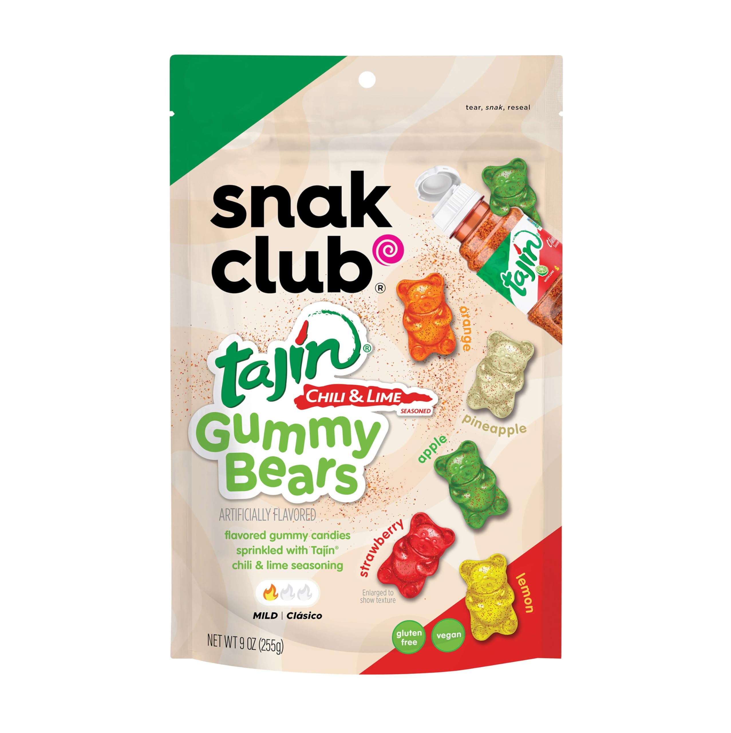 Snak Club Tajin Gummy Bears - Spicy Chili Lime Flavored Assorted Fruit Candy | Gluten-Free, Vegan Gummy Snacks | 9oz Resealable Bag | Perfect for Movie Nights, Road Trips & Office Treats